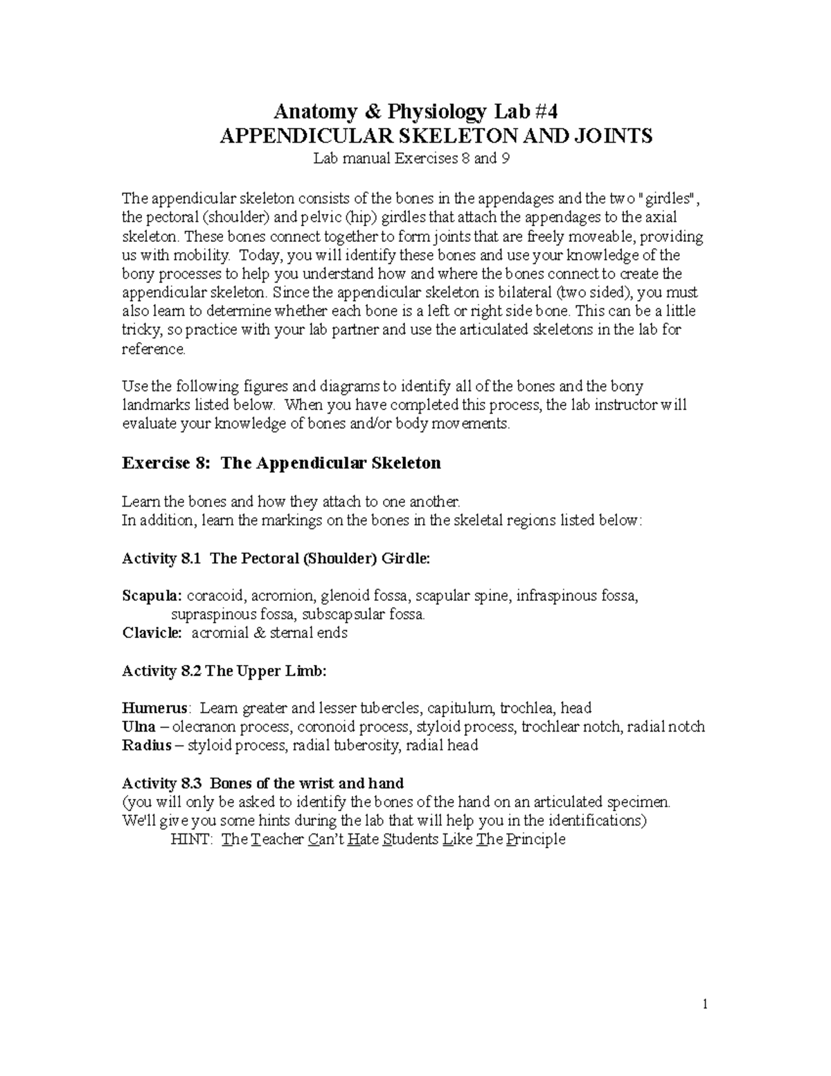 Lab 4- Appendicular lab guide - Anatomy & Physiology Lab APPENDICULAR ...