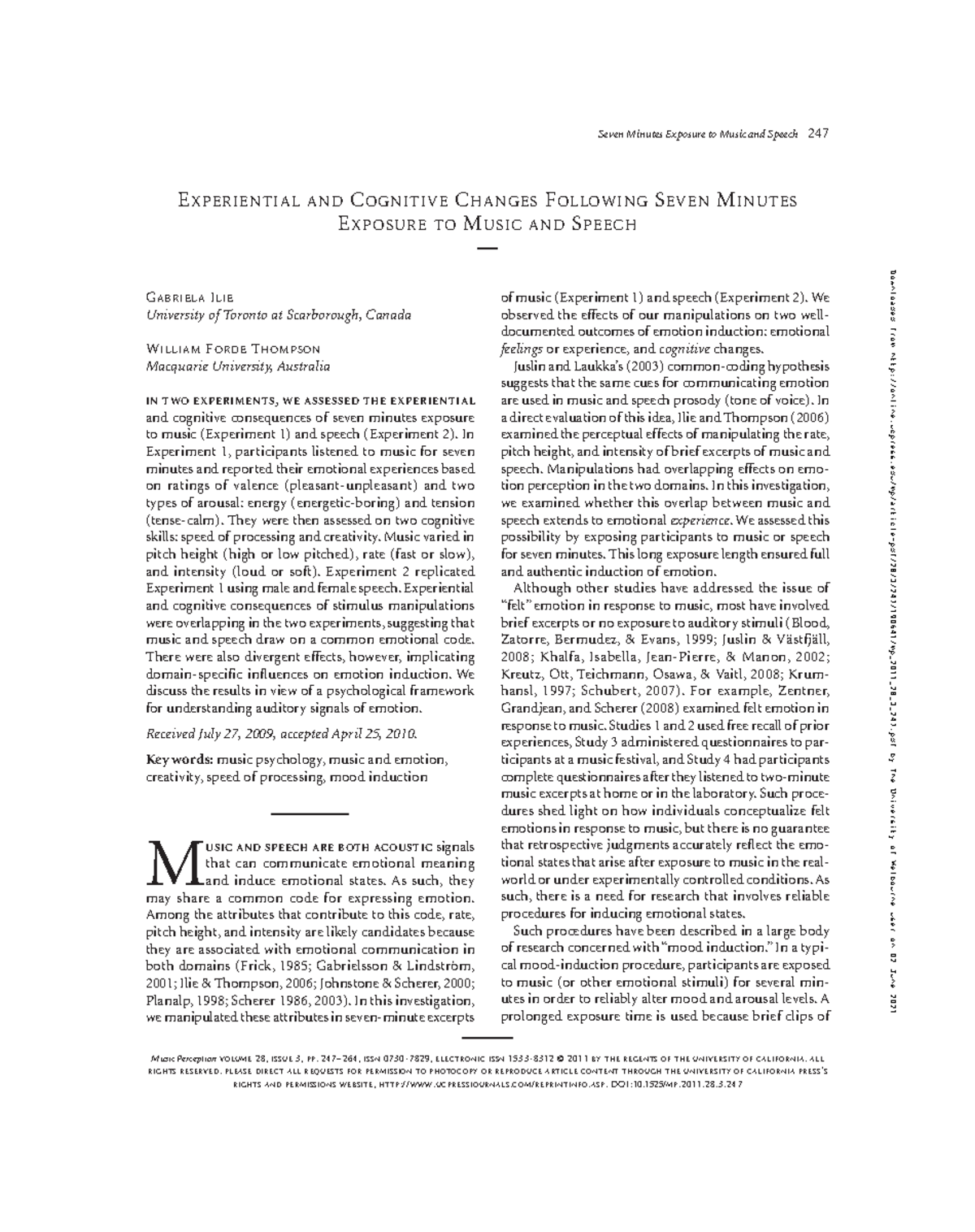 Experiential and Cognitive Changes Following Seven Minutes Exposure to ...