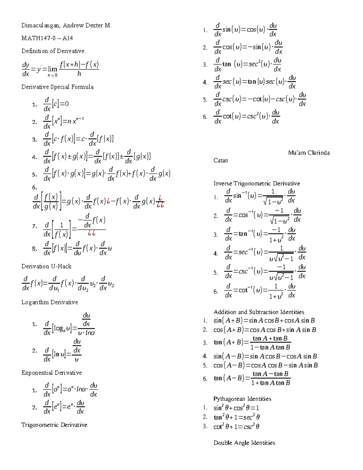 DIfferentiation-Formulas - Dimaculangan, Andrew Dexter M. MATH147-0 – A ...
