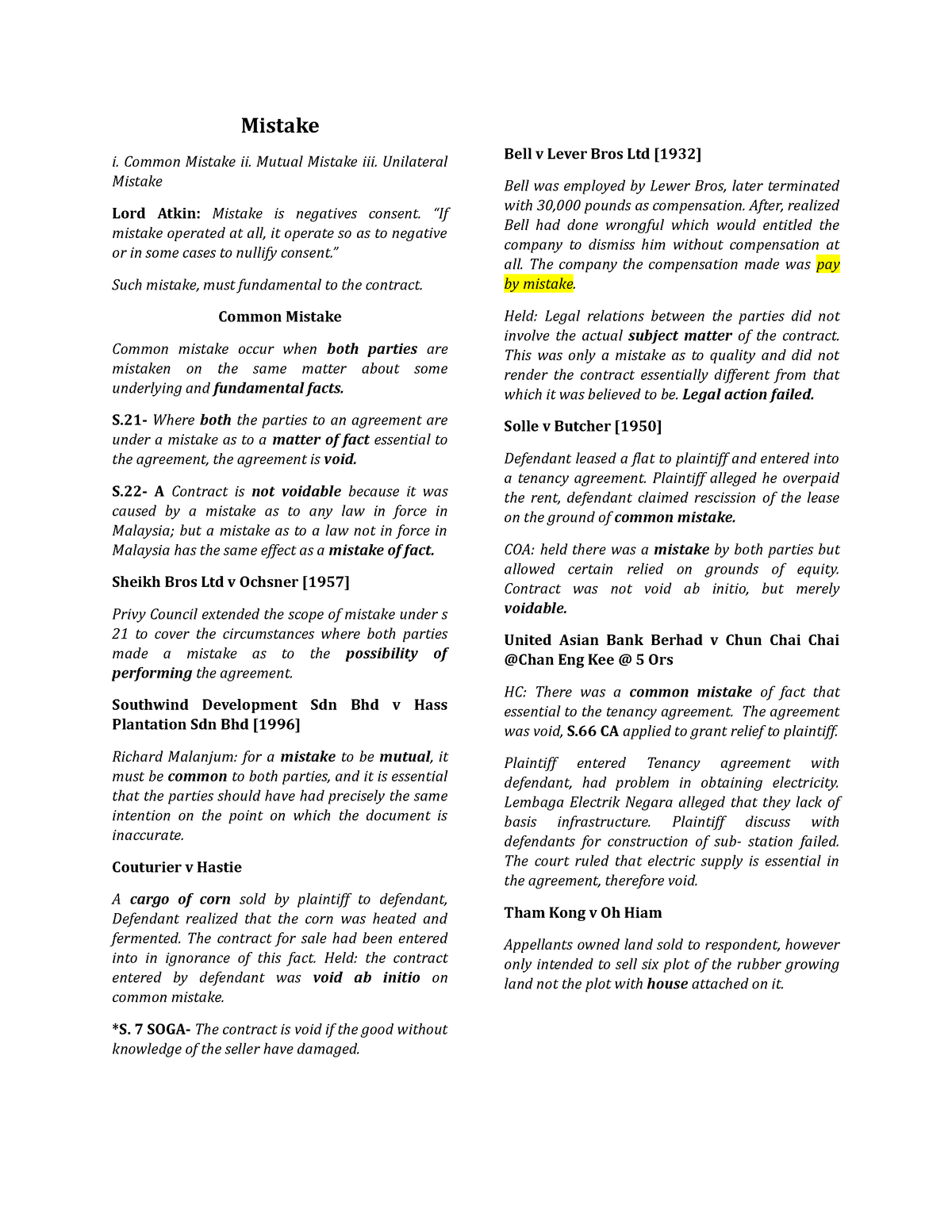 Contract Law 2 Mistake - Mistake I. Common Mistake Ii. Mutual Mistake ...