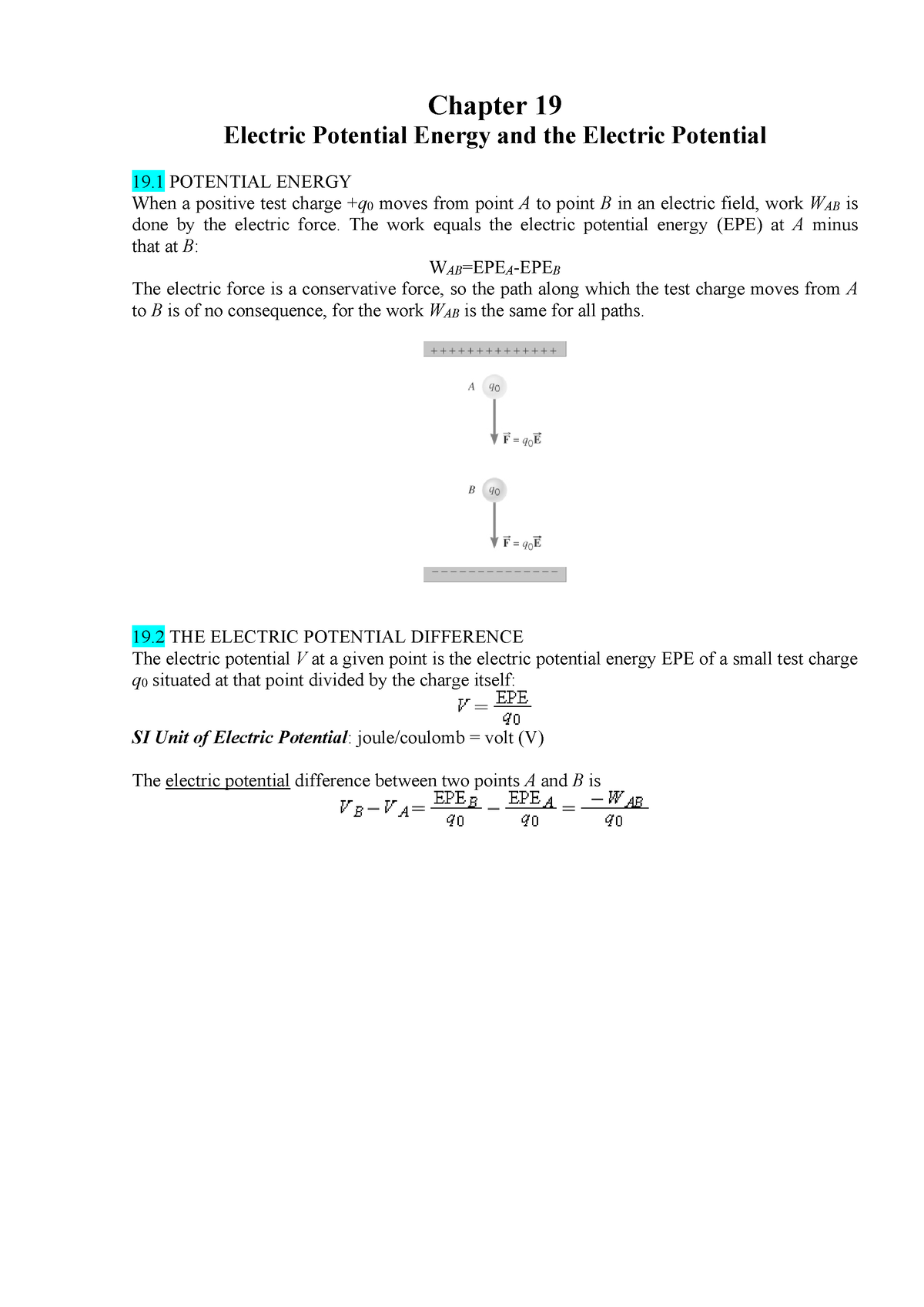 Chapter 19 - Chapter 19 Electric Potential Energy and the Electric ...