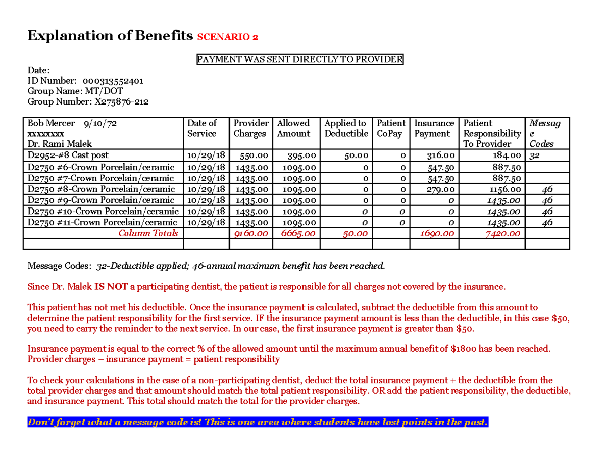 EOBScenario 2-2018 - EOB - Explanation of Benefits SCENARIO 2 PAYMENT ...