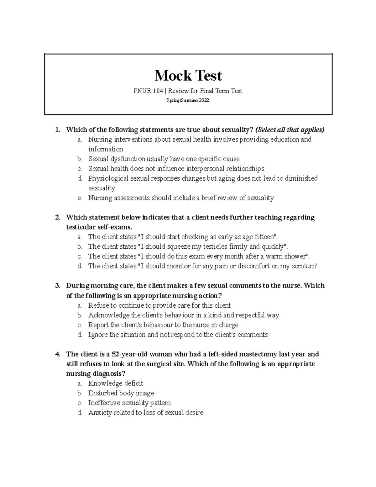 PNUR104 - Mock Test (For Final Term Test) - Summer 2022 - Mock Test ...