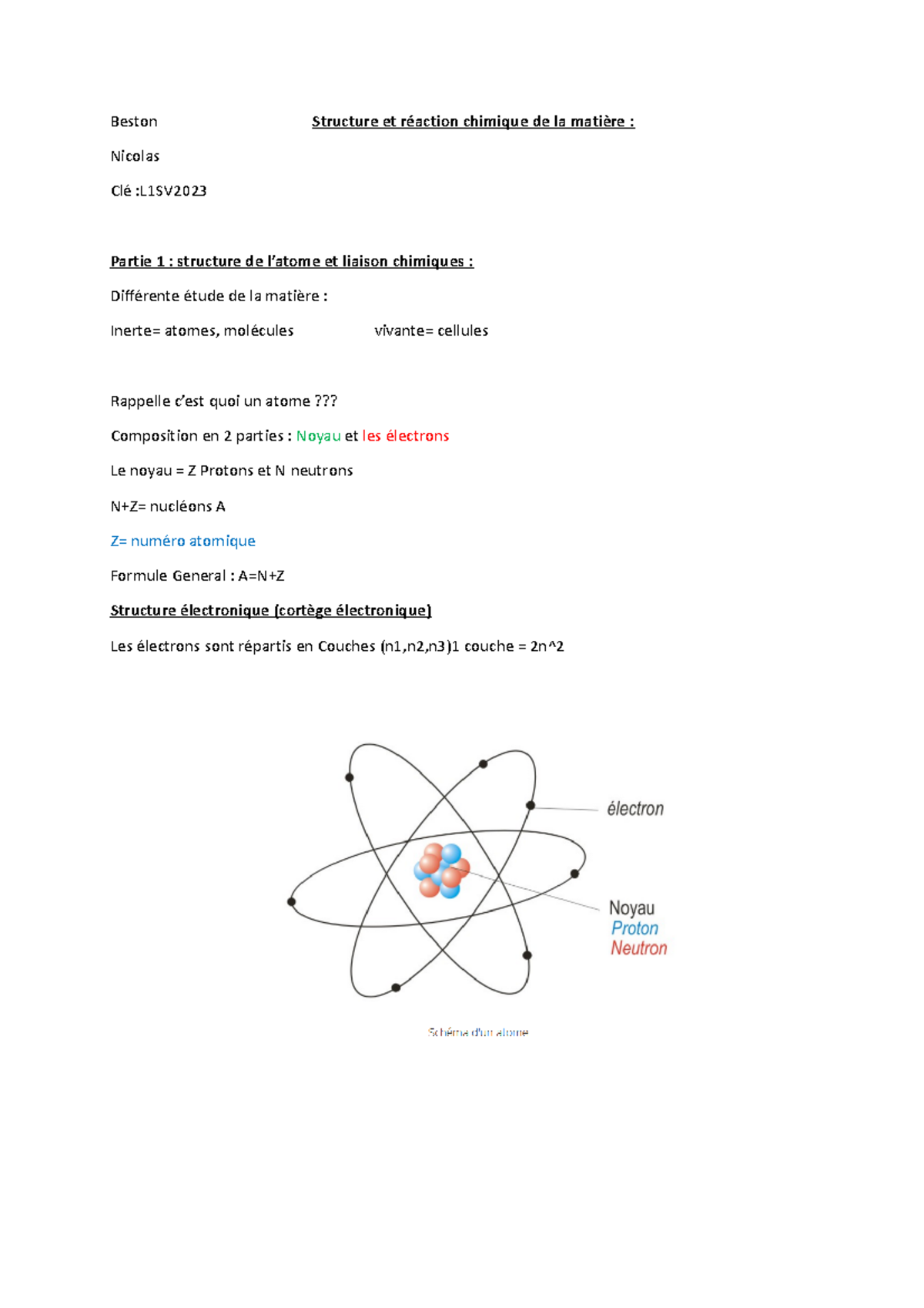 Cours atomes - chimie simple - Beston Structure et réaction chimique de ...