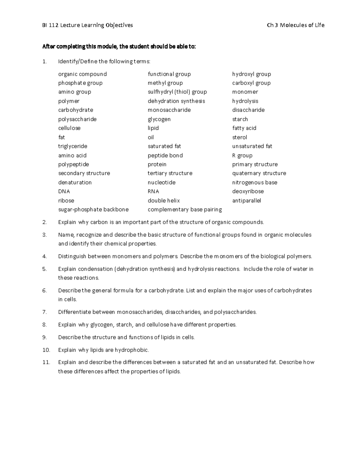 03 Molecules of Life Objectives BI 112 Lecture Learning Objectives