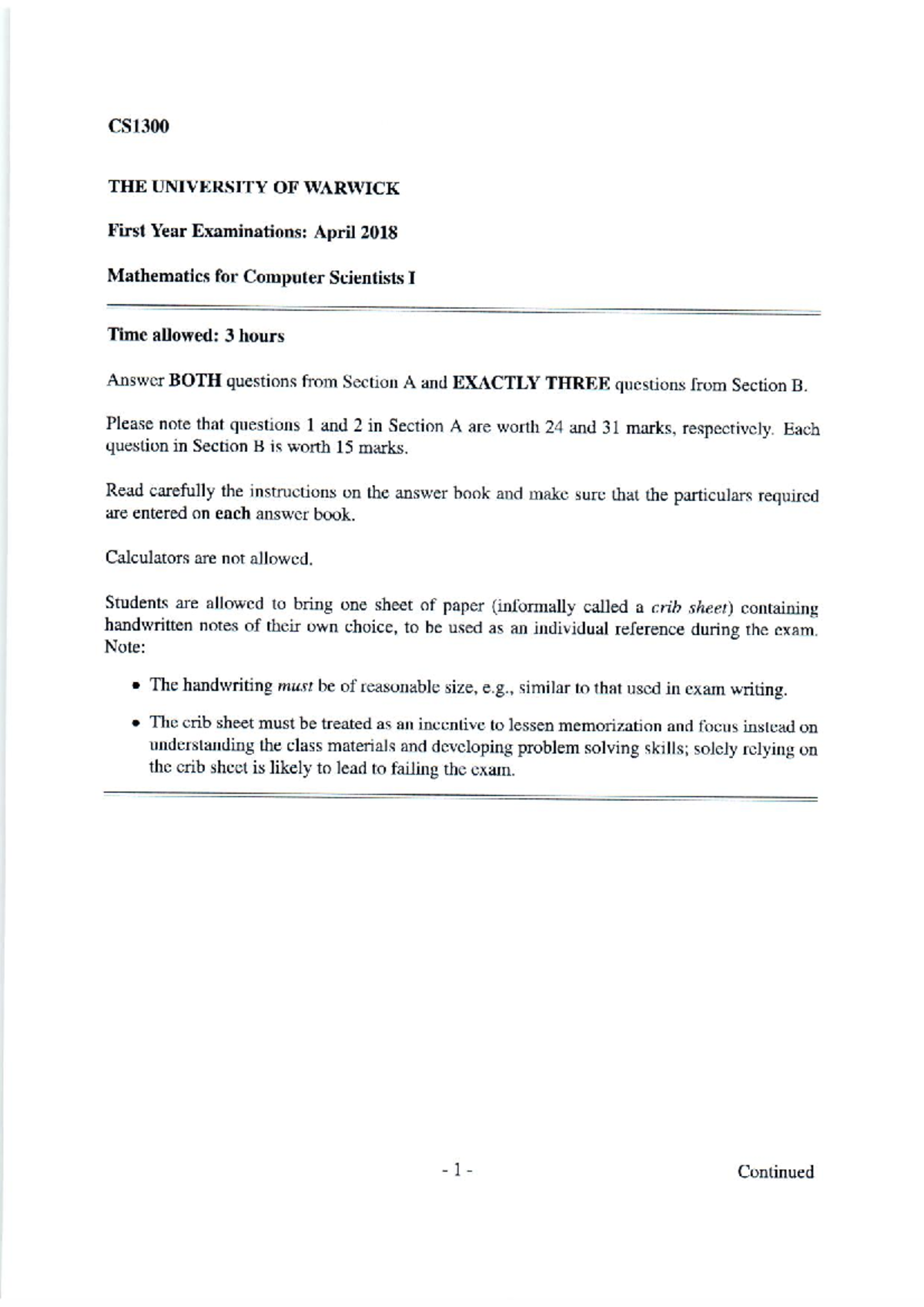 Cs1300 - Past papers from Warwick School of Information technology ...