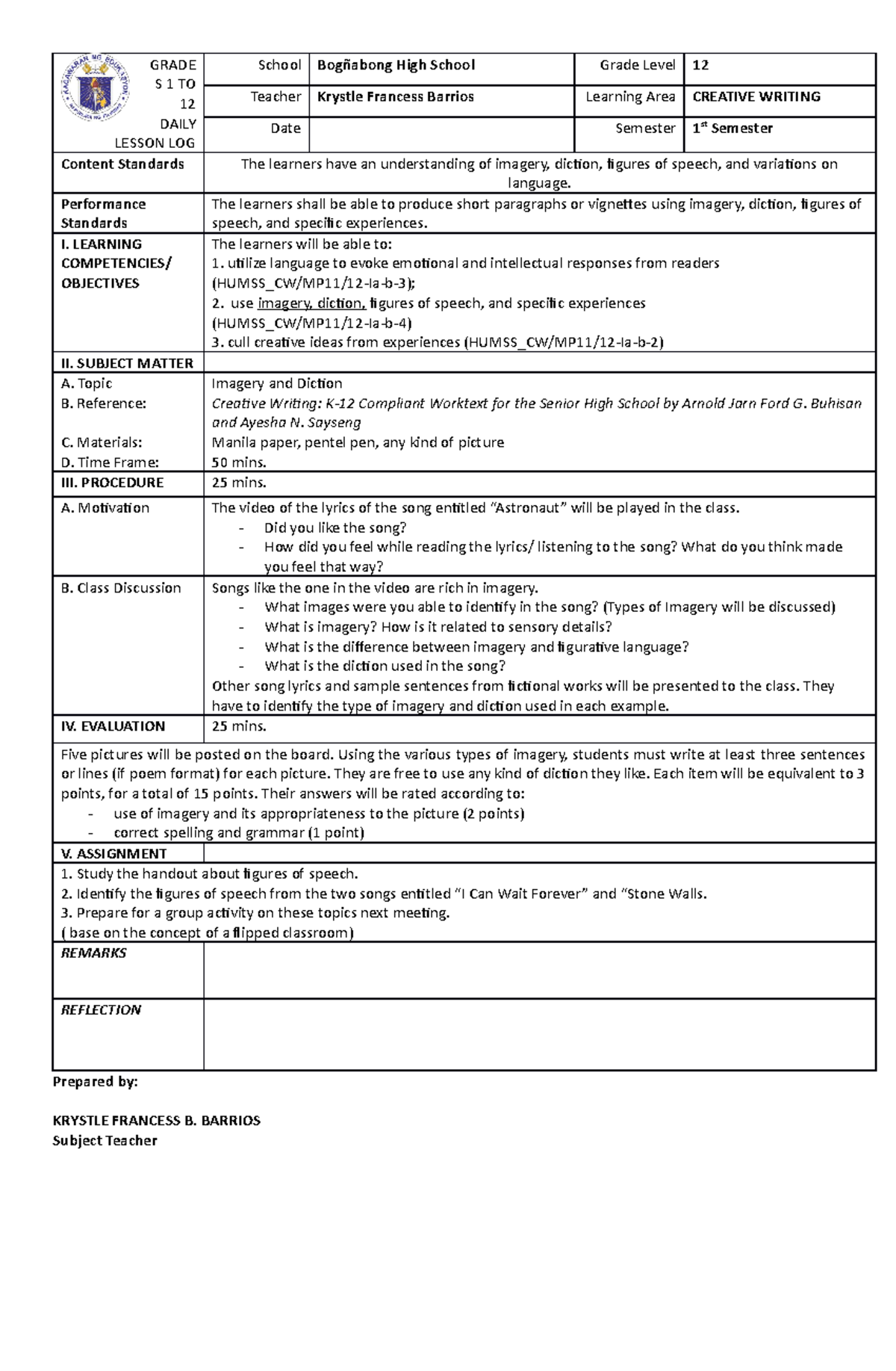 DLL day 2 part 2 - informative - GRADE S 1 TO 12 DAILY LESSON LOG ...