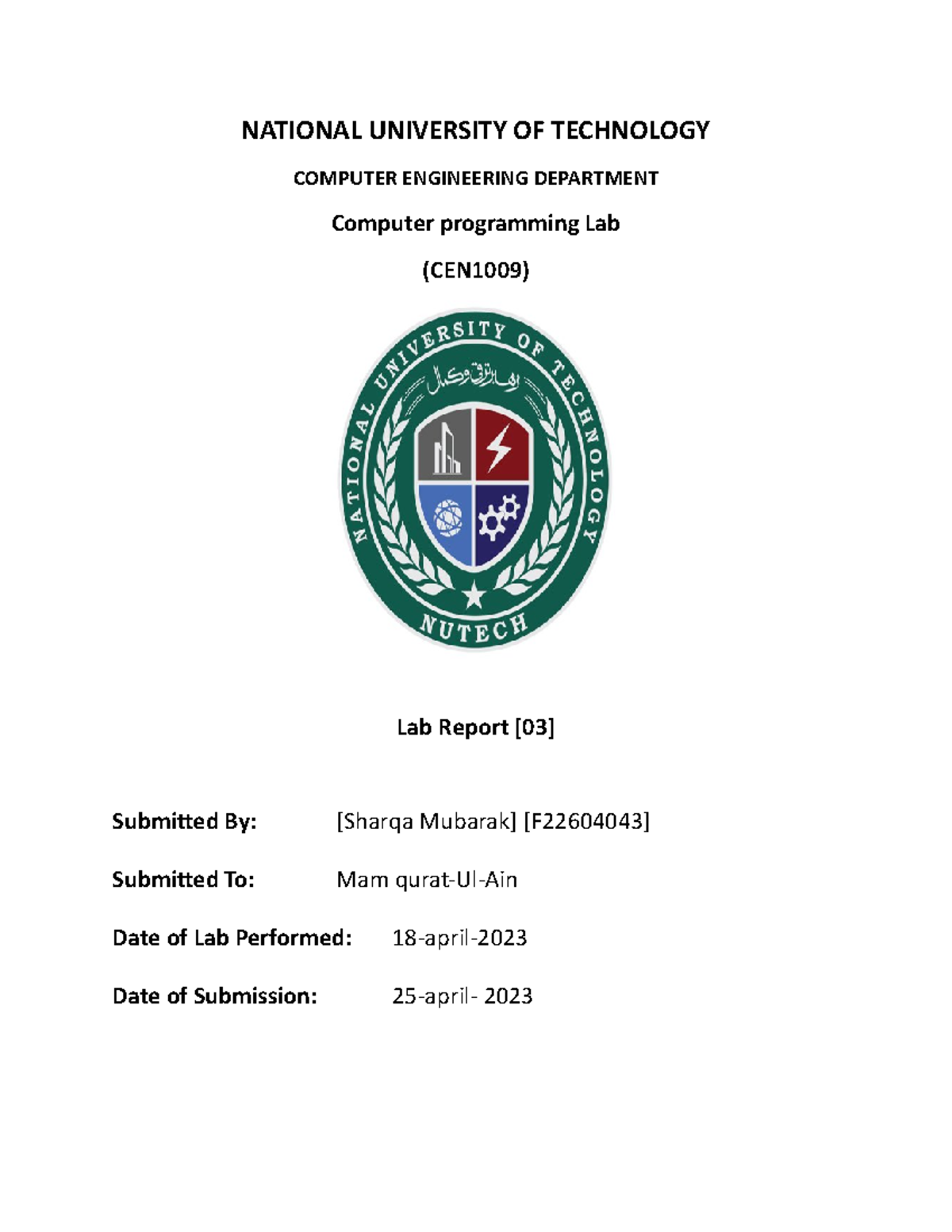 Computer engineering lab - NATIONAL UNIVERSITY OF TECHNOLOGY COMPUTER ...