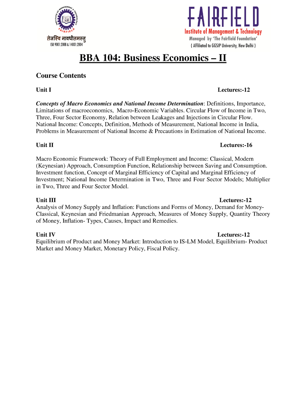 BBA MACROECONOMICS NOTES - BBA 104: Business Economics – II Course ...