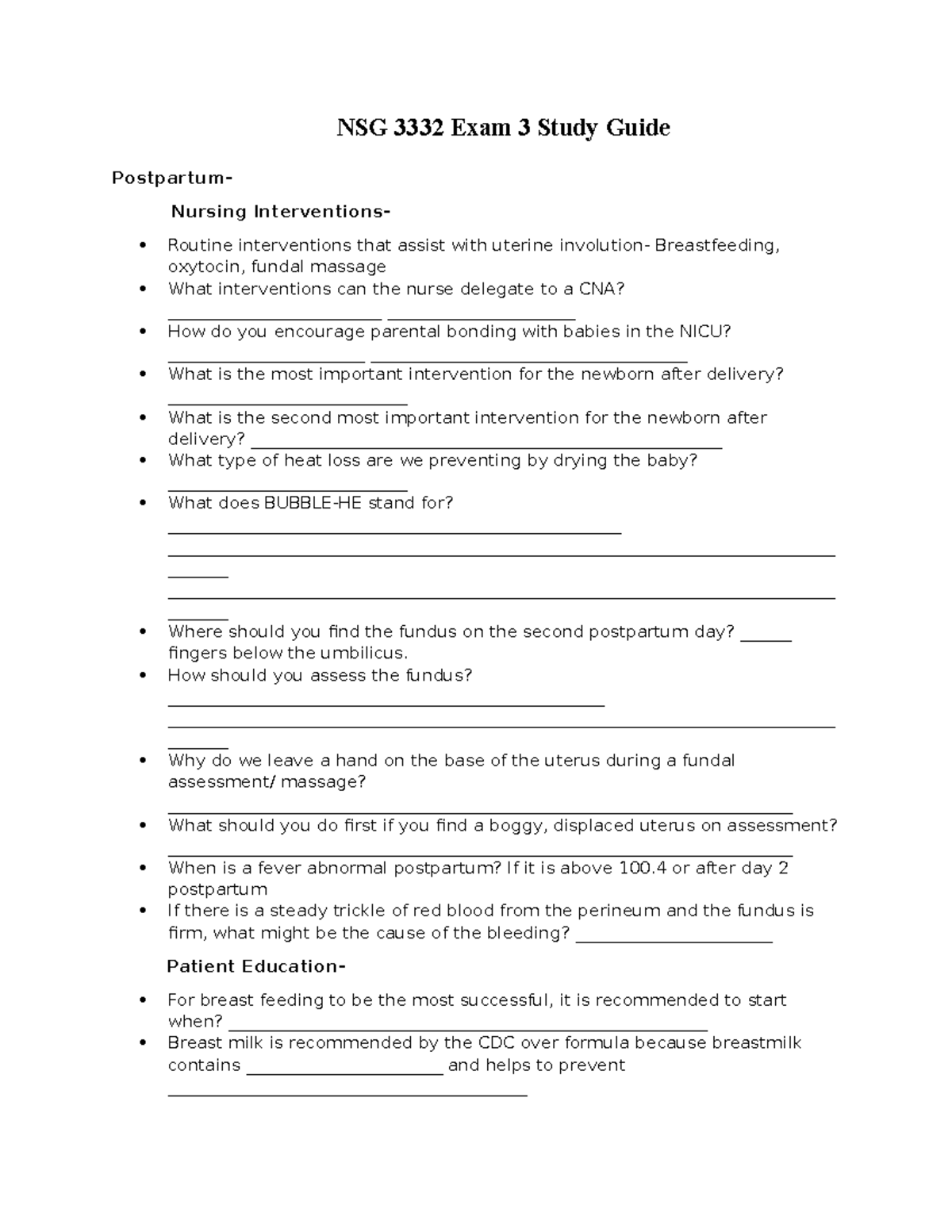 NSG 3332 Exam 3 study guide - NSG 3332 Exam 3 Study Guide Postpartum ...