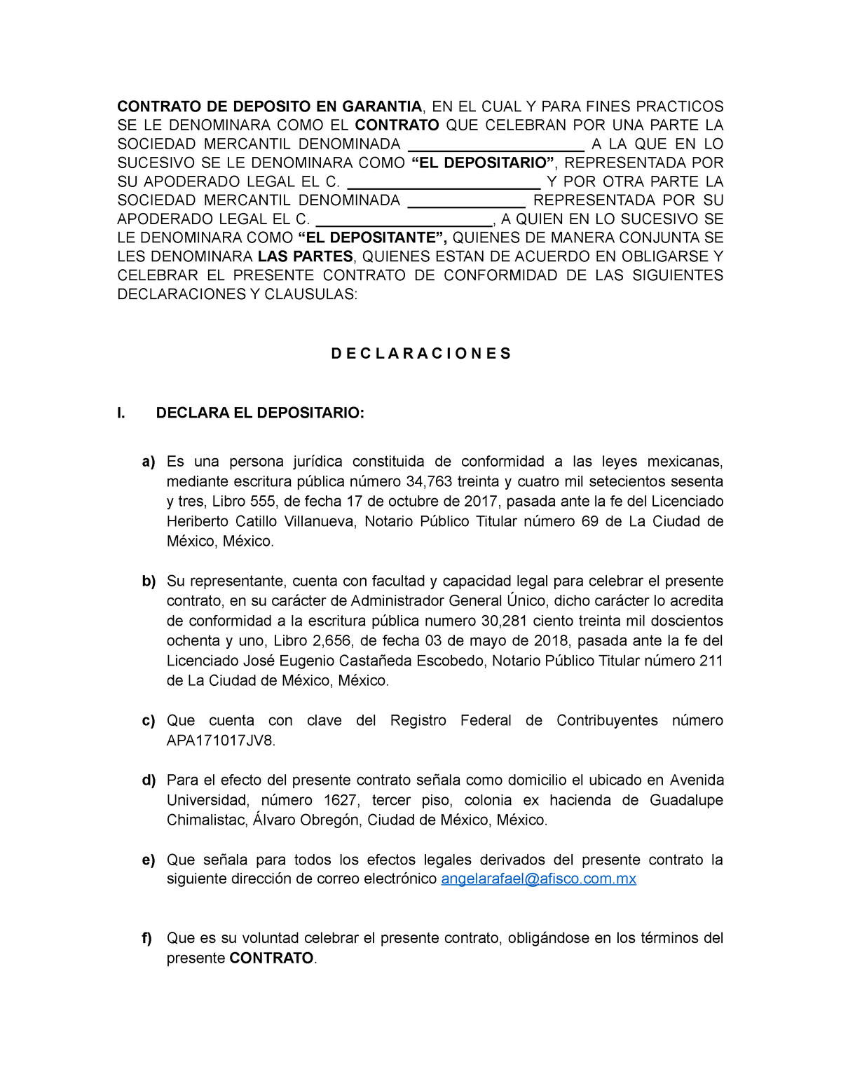 Contrato Deposito En Garantia Contrato De Deposito En Garantia En El Cual Y Para Fines 9255