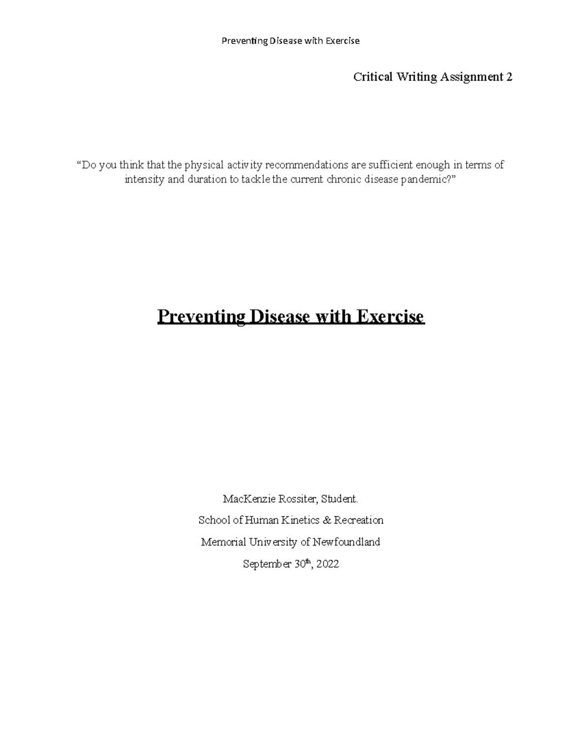 Critical Writing Assignment 2 School of Human & Recreation