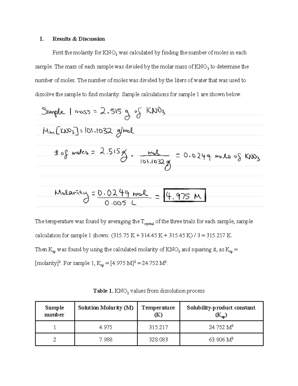 E7 Solution Thermodynamics lab report - I. Results & Discussion First ...