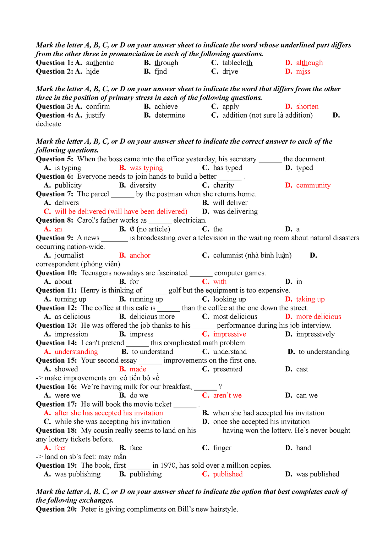 Đáp án Bộ 10 đề - đề ôn Luyện Thptqg - Mark The Letter A, B, C, Or D On ...