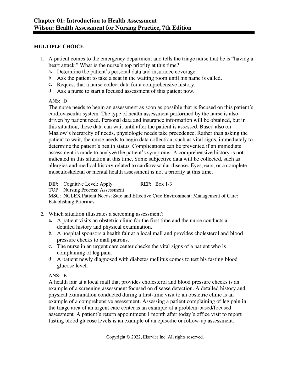 MCQ health assessment 1 - Chapter 01: Introduction to Health Assessment ...