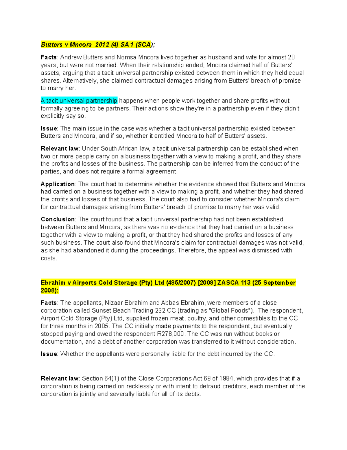 CAS3772 Cases - notes in class - Butters v Mncora 2012 (4) SA 1 (SCA ...