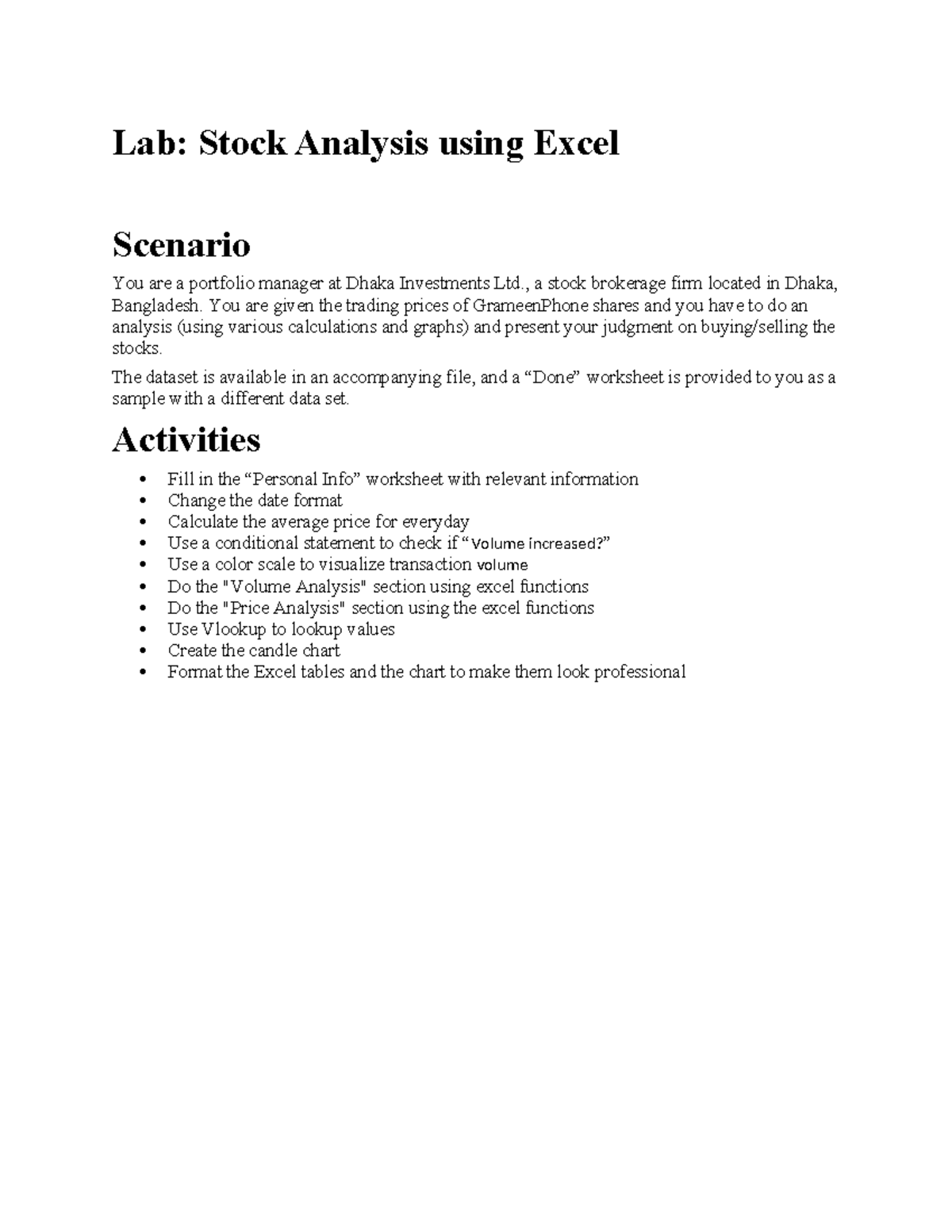 Lab. excel - Lab: Stock Analysis using Excel Scenario You are a ...