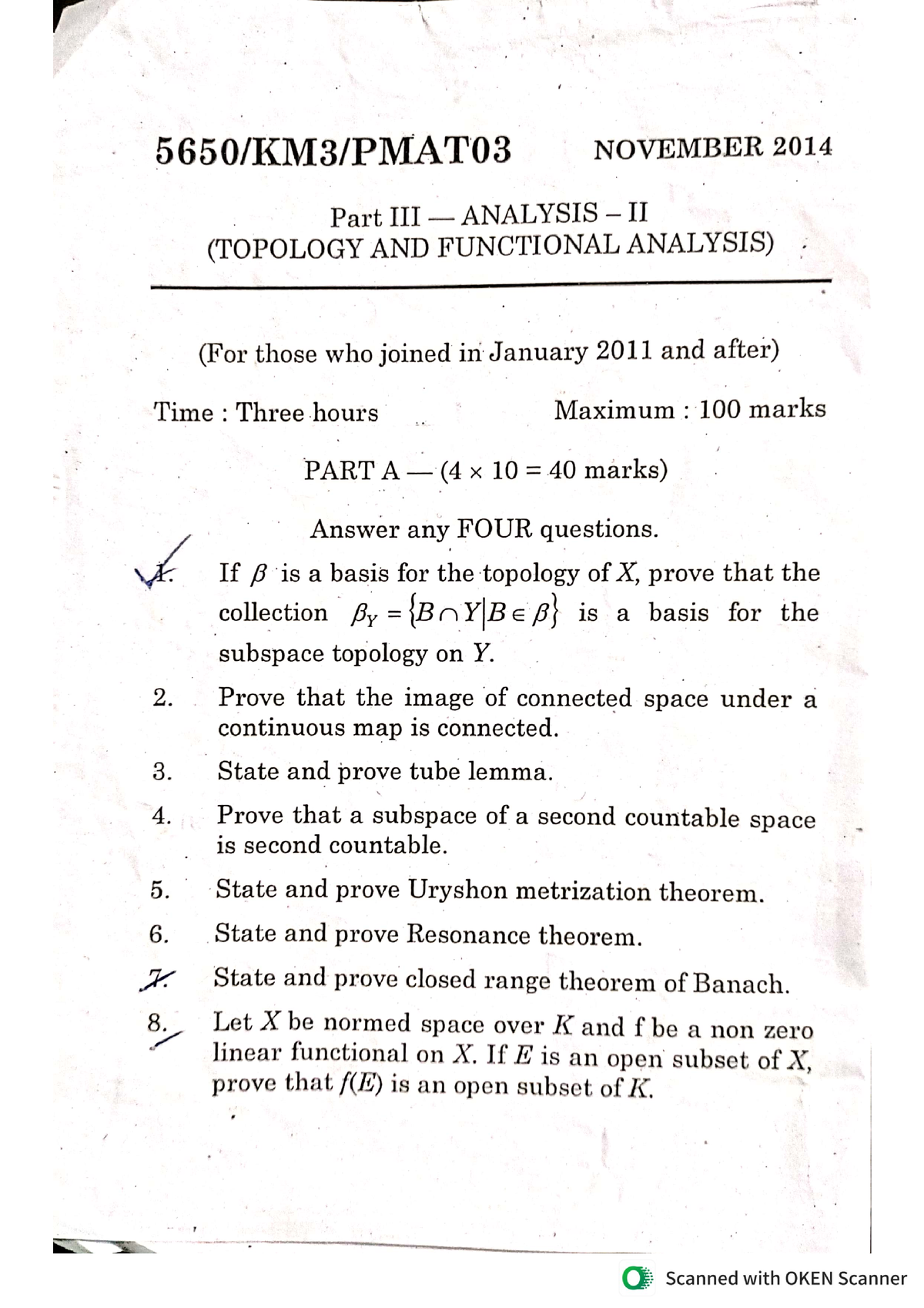 Msc maths model question paper Analysis ll part lll topology and ...