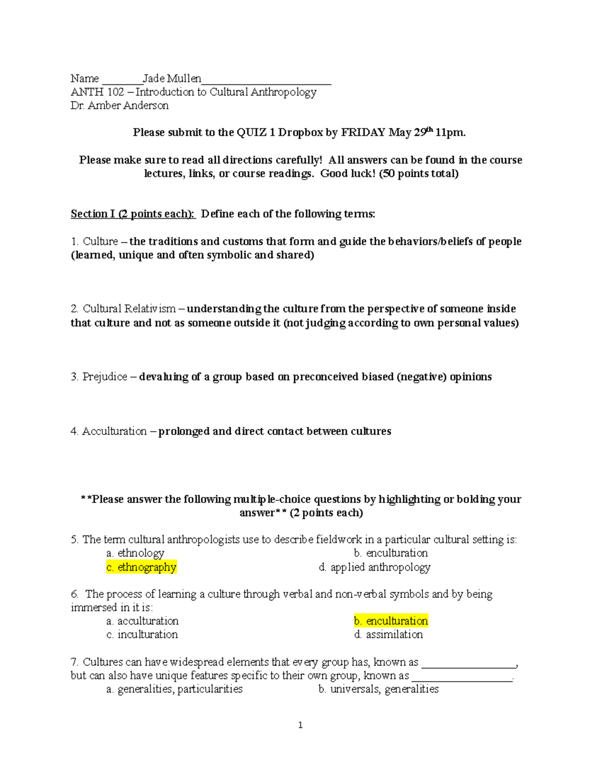 Quiz 1 - example exam questions, notes, and chapter outlines - Name ...