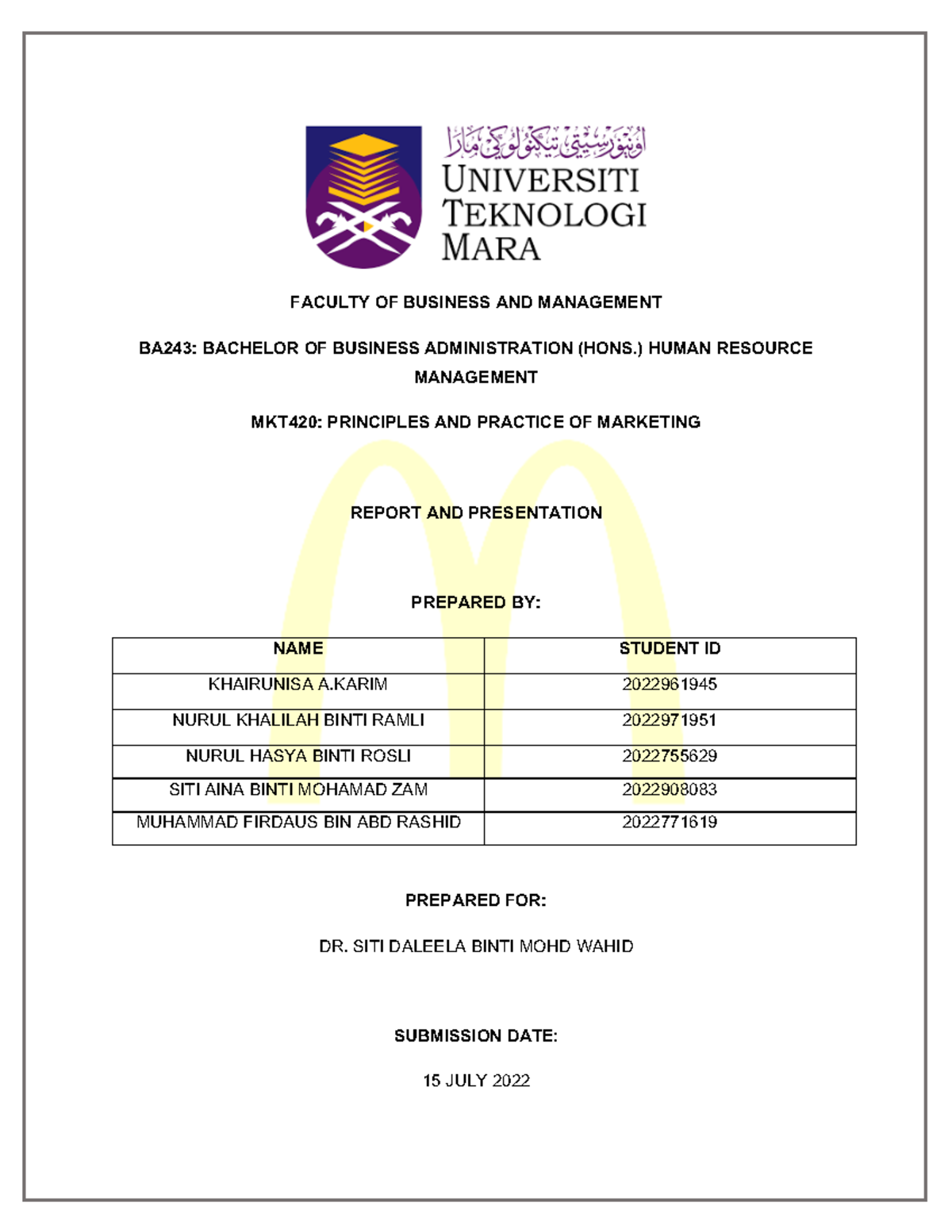 Sample Report Pelajar - Mc Donald - FACULTY OF BUSINESS AND MANAGEMENT ...