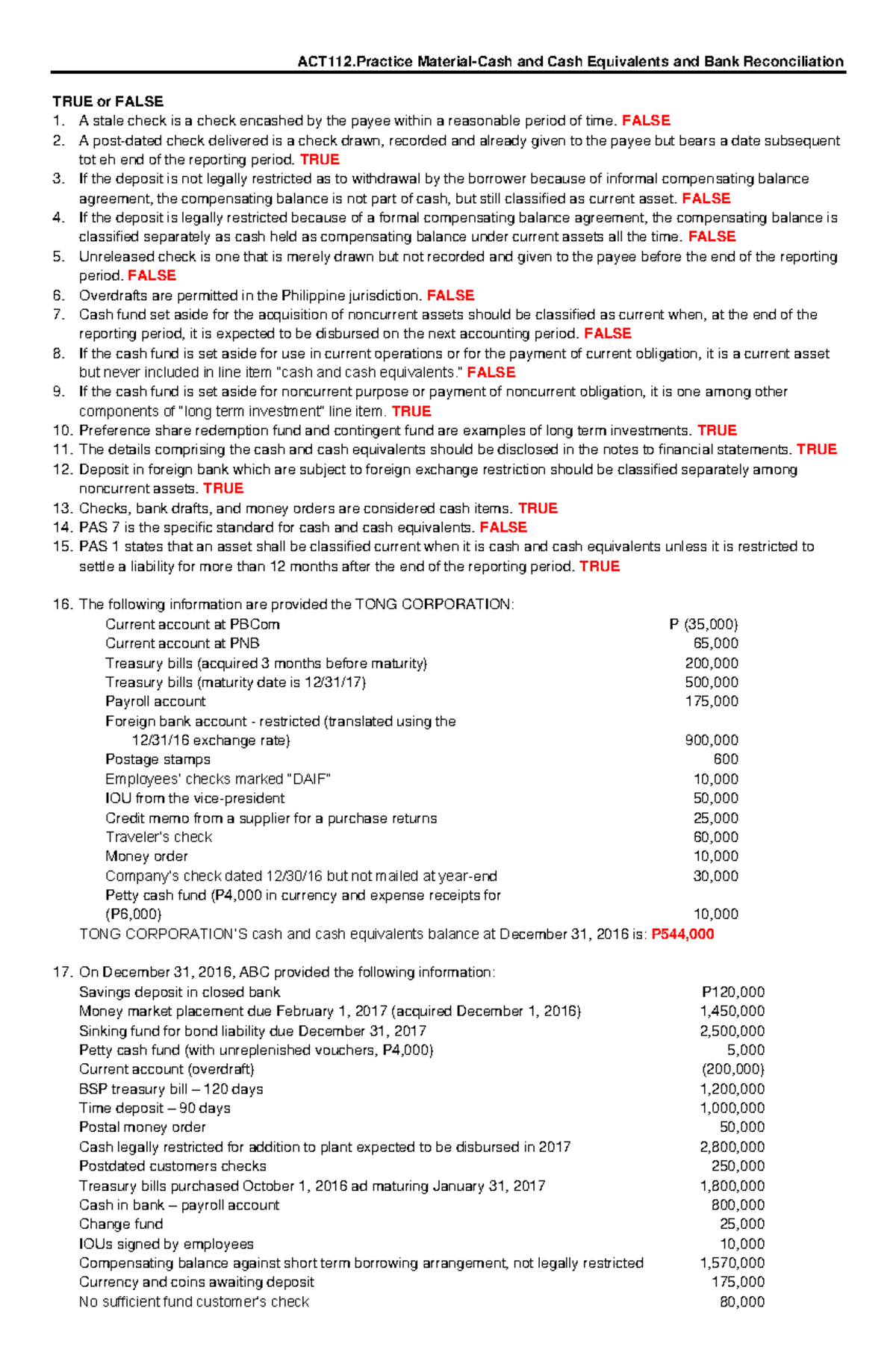 2 1 1 2.Practice Material.Cash and Cash Equivalents and Bank