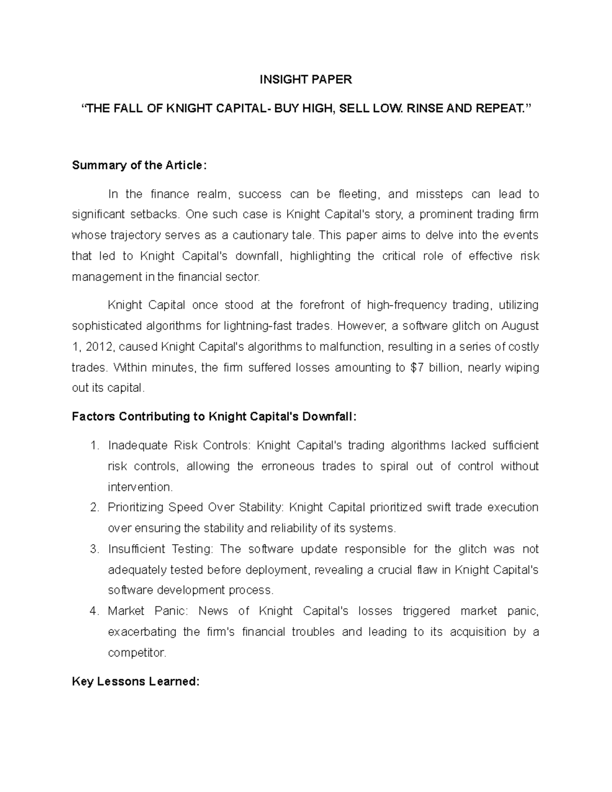 CIS - Assignment - INSIGHT PAPER “THE FALL OF KNIGHT CAPITAL- BUY HIGH ...