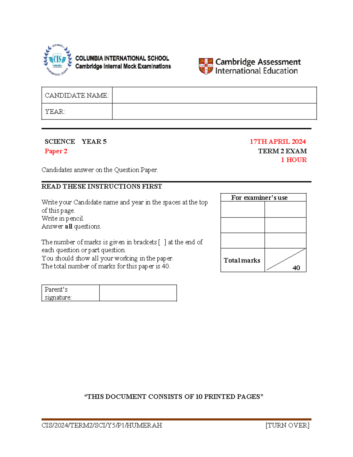 Y5-P2- Question Paper-SCI-T2 Edited 170324 - CANDIDATE NAME: YEAR ...