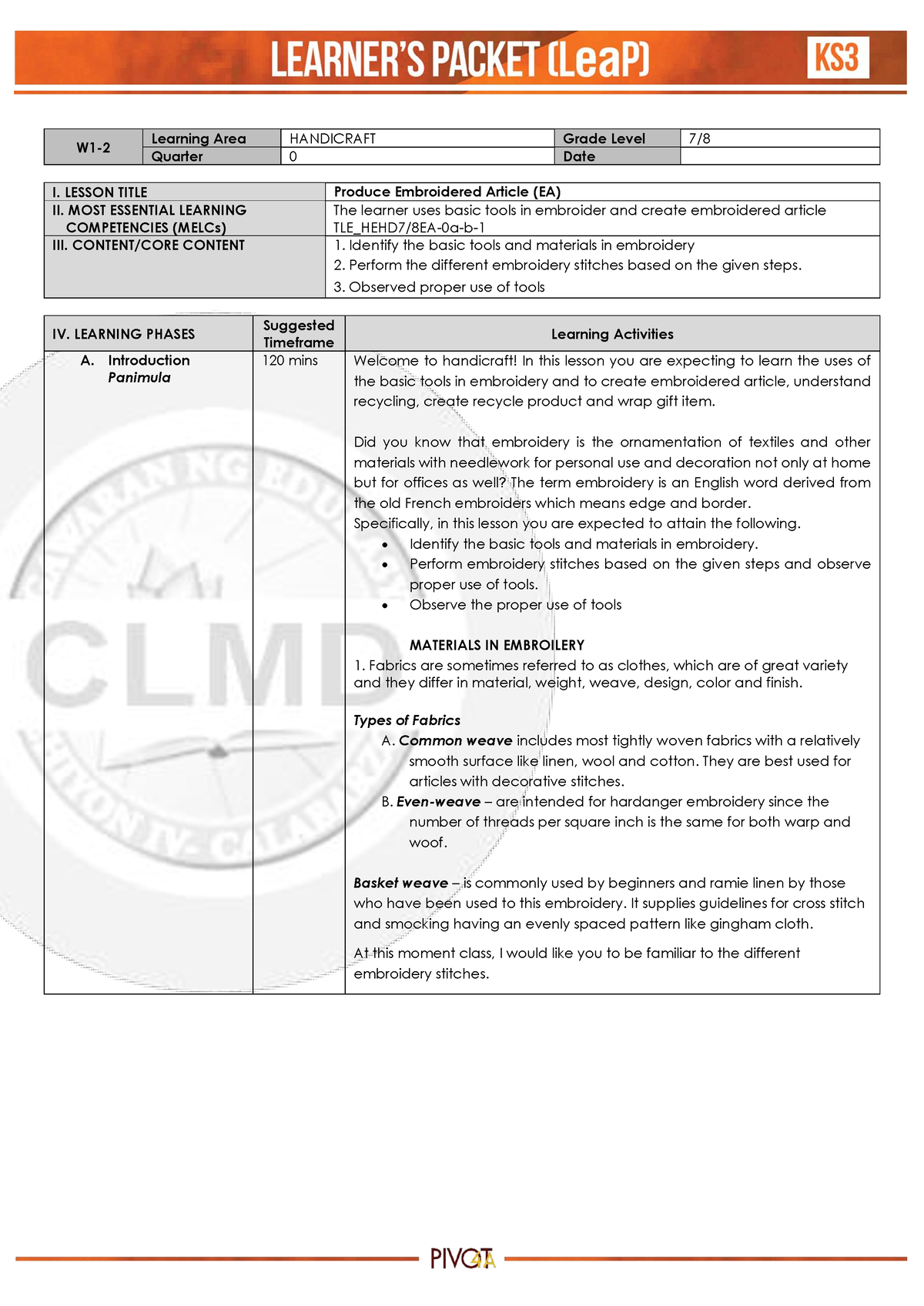 TLE HEHD78 Week1-2 - Learner's And Teacher's Material - W1- Learning ...