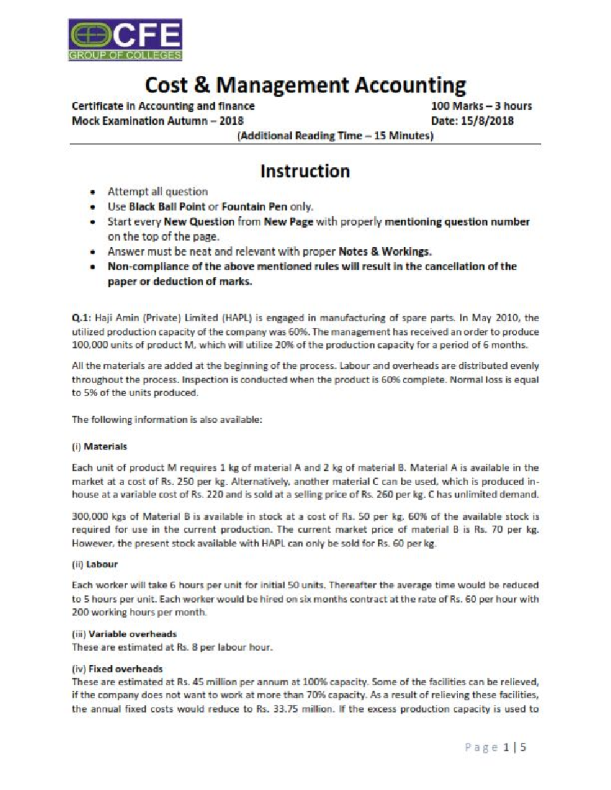 CFE COST - Lecture notes 1 - Cost 8: Management Accounting Certiﬁcate ...