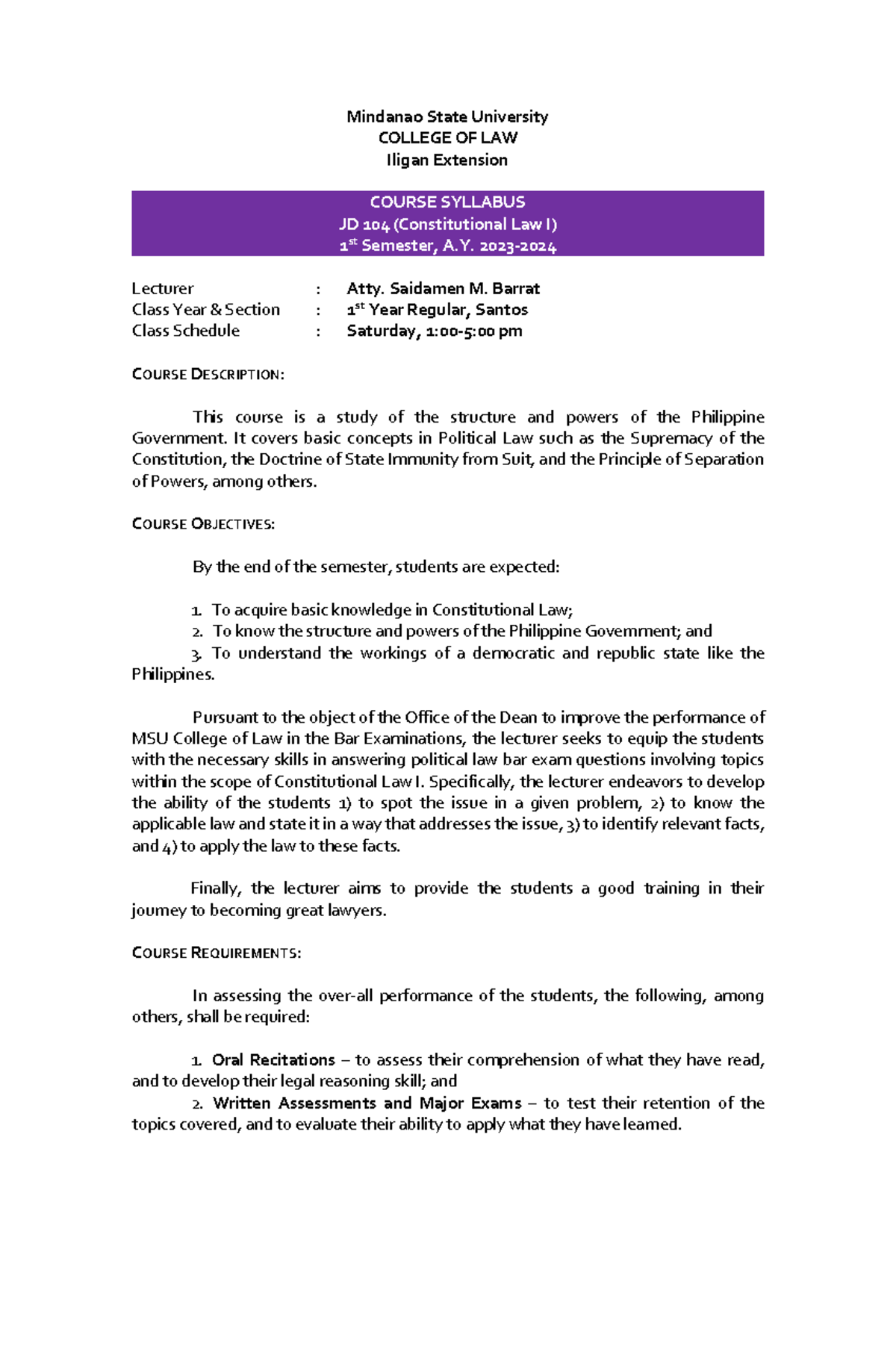 Course Syllabus Consti 1Atty Mindanao State University COLLEGE OF