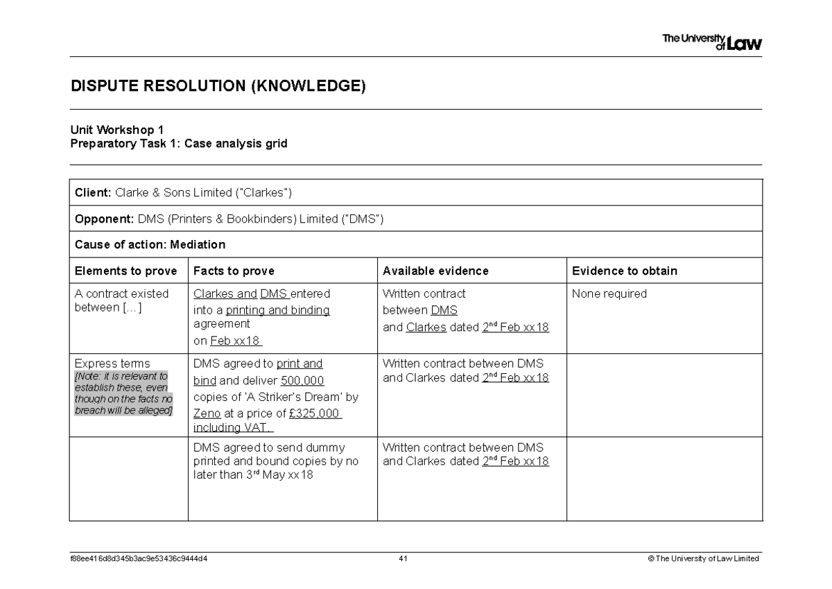 Case Analysis Grid - case - DISPUTE RESOLUTION (KNOWLEDGE) Unit ...