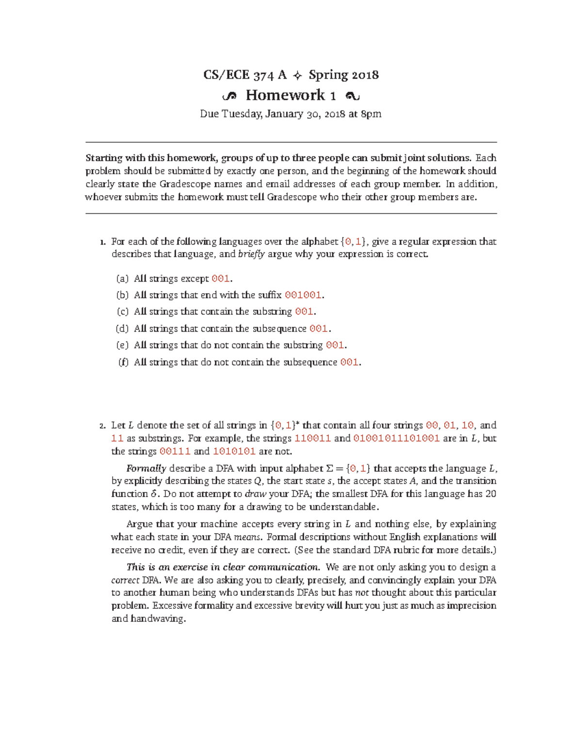 Hw3 - Homework - CS/ECE 374 A ] Spring 2018 Y Homework 1 Z Due Tuesday ...