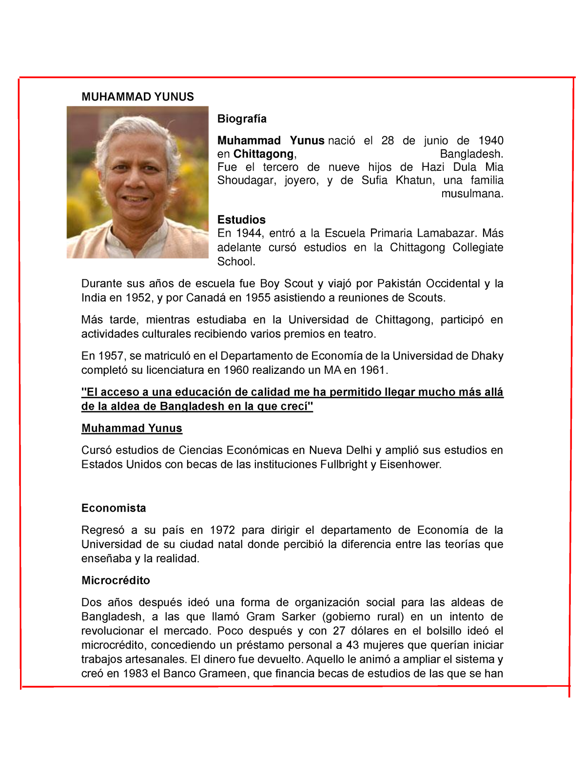 Biografia De Muhammad Yunus - MUHAMMAD YUNUS Biografía Muhammad Yunus ...