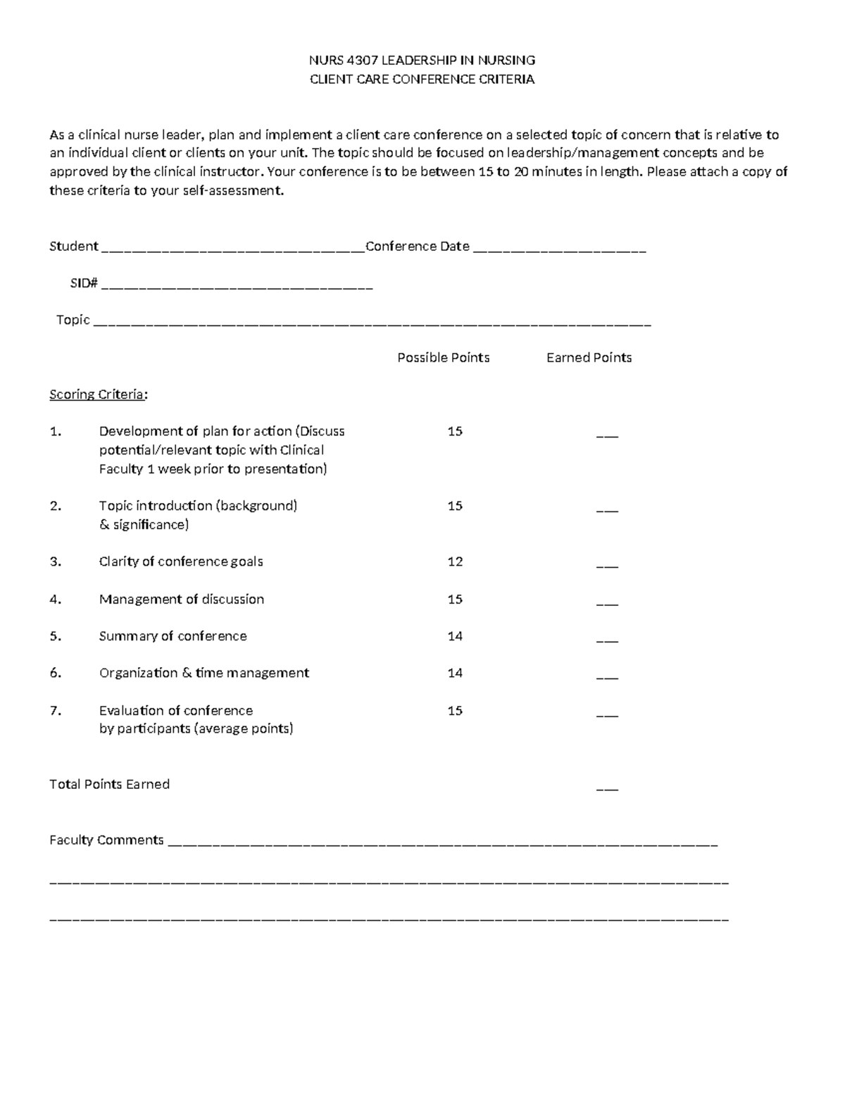 Client Care Conference Criteria fnl - NURS 4307 LEADERSHIP IN NURSING ...