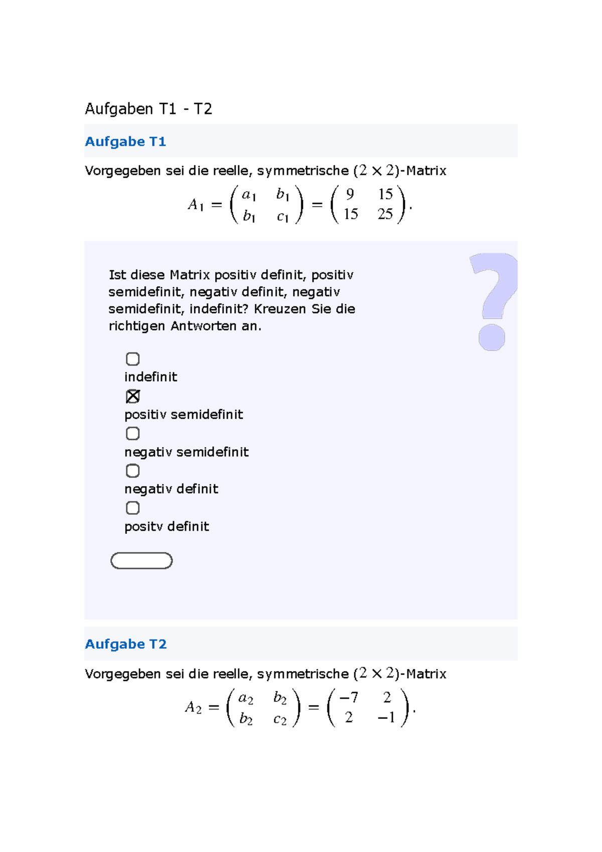 KIT Ilias Reelle symmetrische Matrizen Aufgaben T1 T