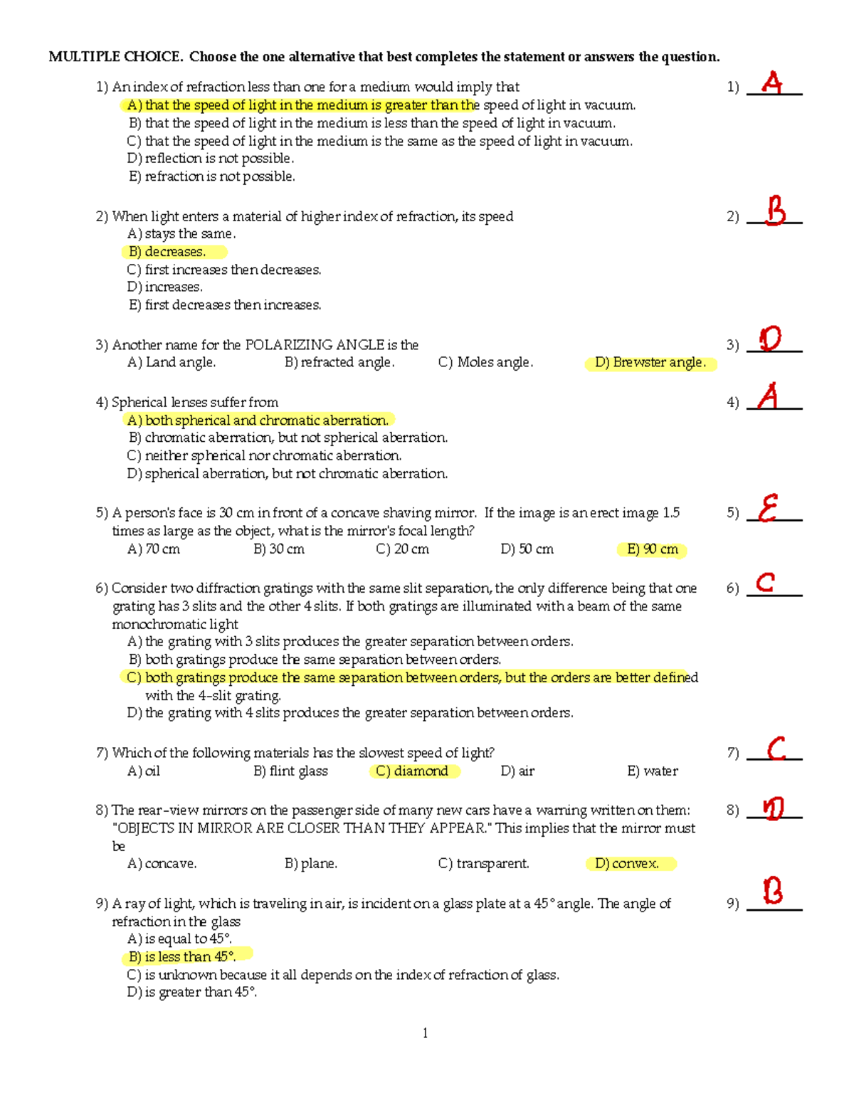 PHYS 1402 Practice Final with Keys - MULTIPLE CHOICE. Choose the one ...