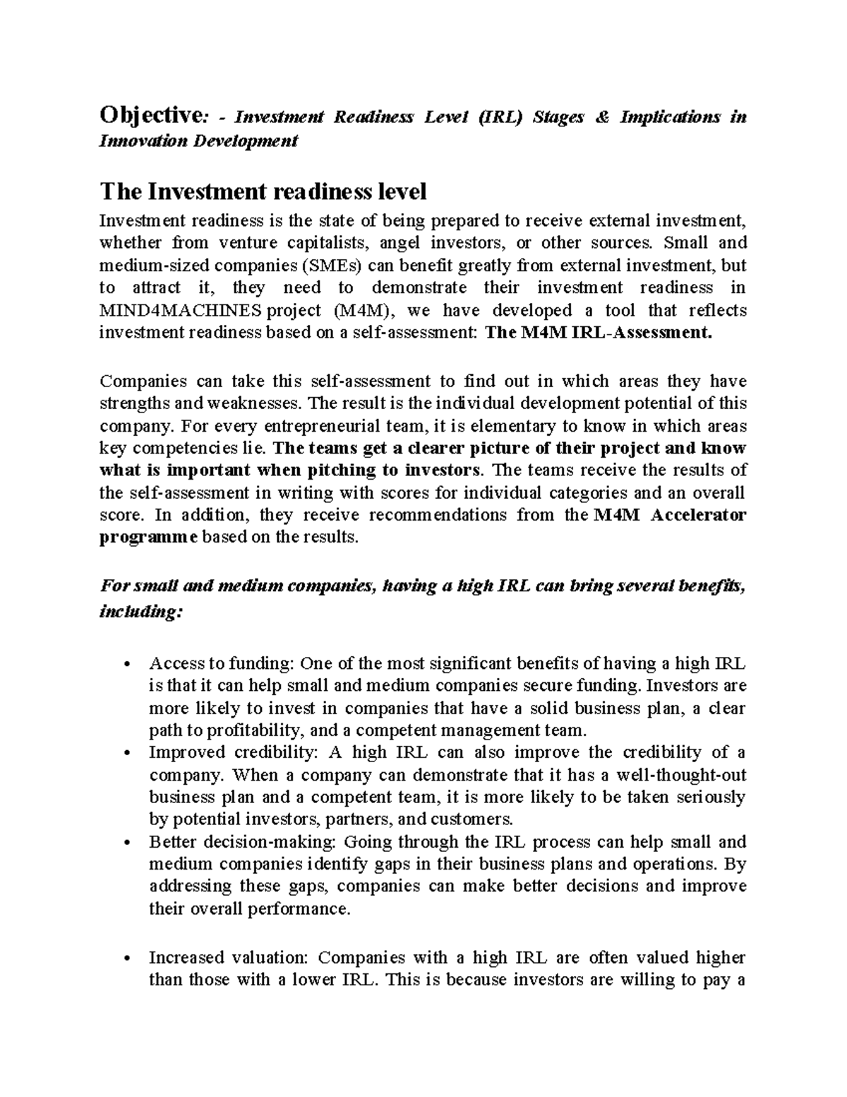 Idthp practical 6 - esfset - Objective: - Investment Readiness Level ...