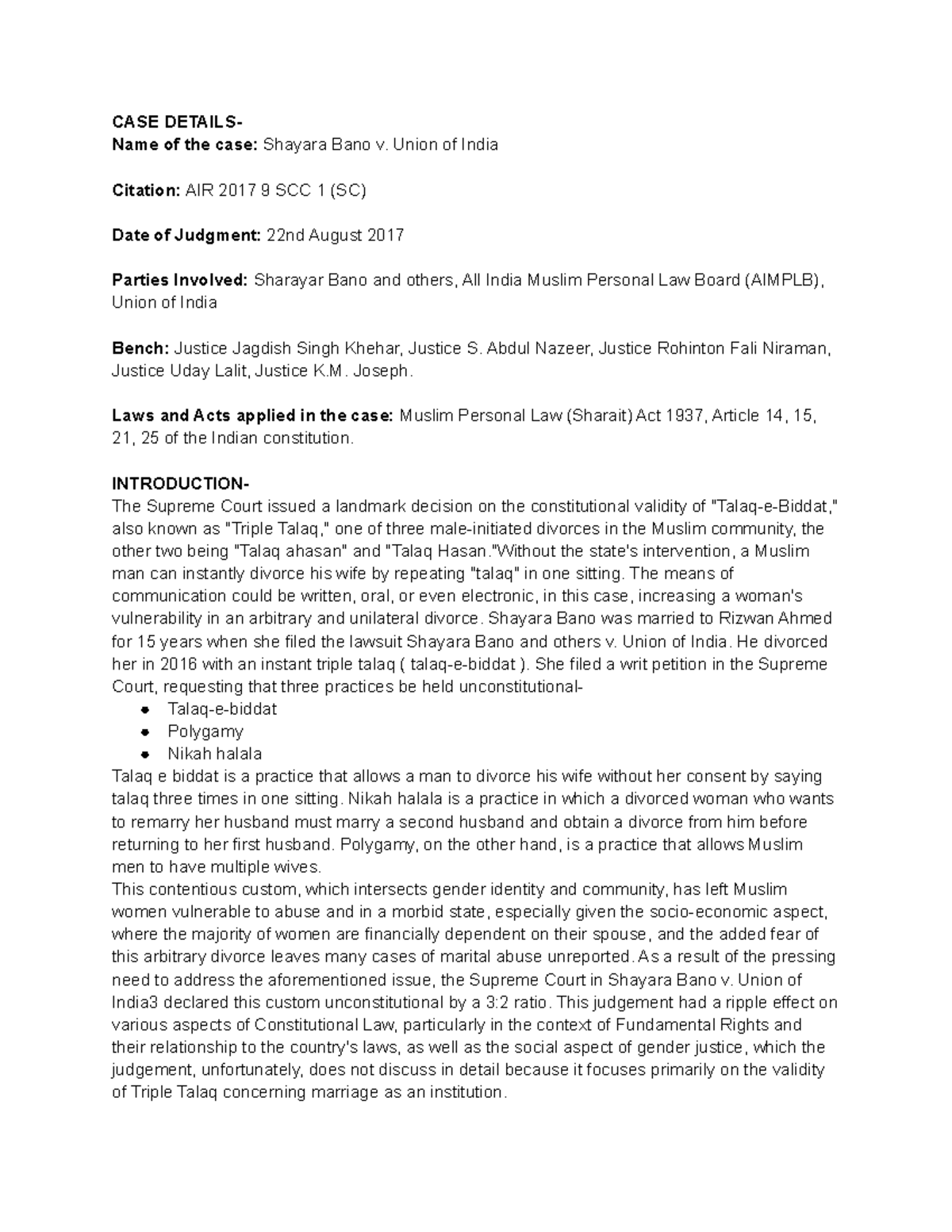 Family Law Psda case brief - CASE DETAILS- Name of the case: Shayara ...