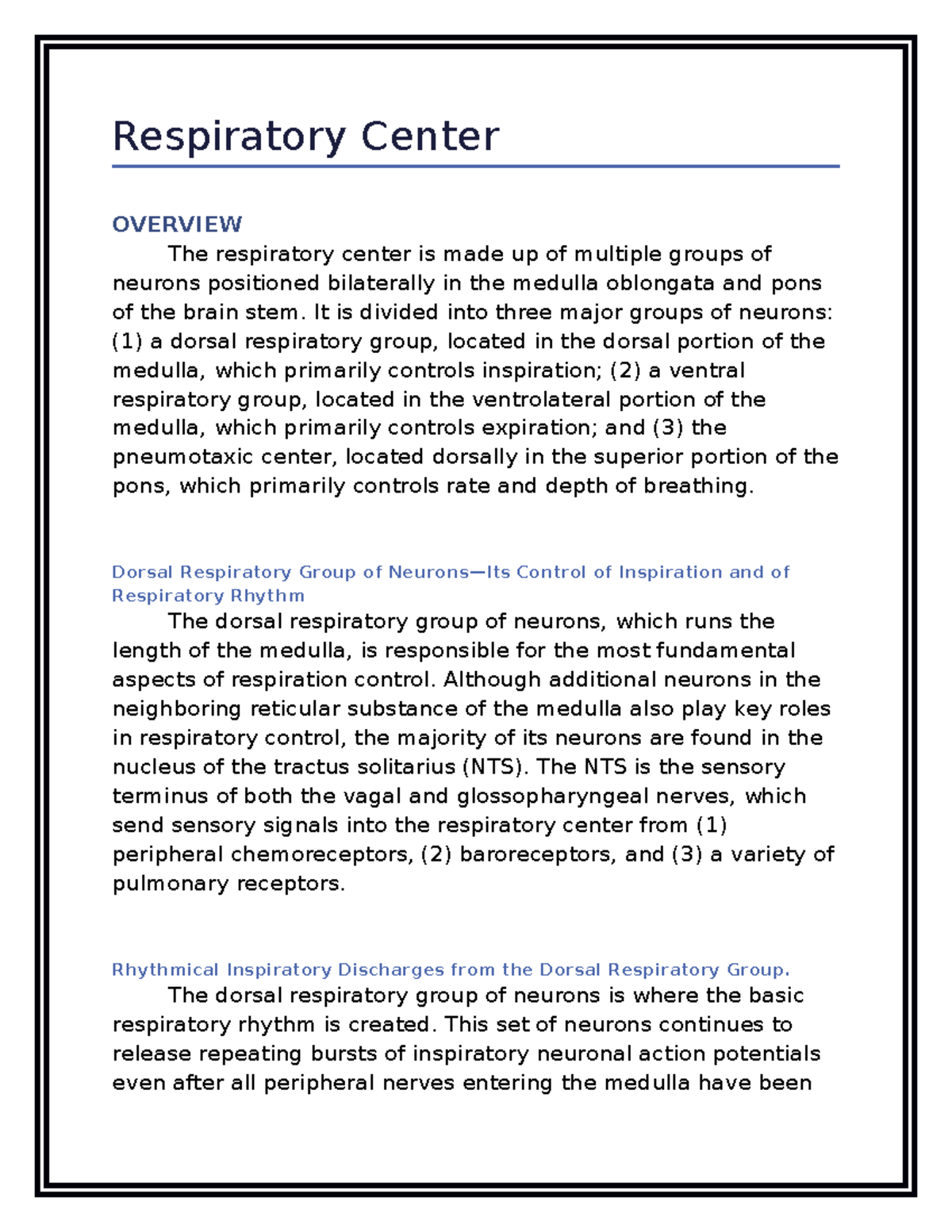 Overview Of Respiratory Center - Respiratory Center OVERVIEW The ...