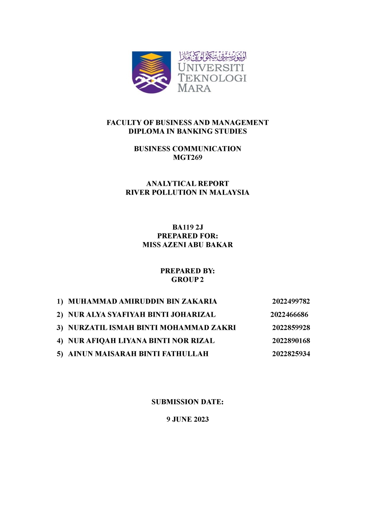 MGT269 BA1192J Group 2 Report - Business Communication - UiTM - Studocu