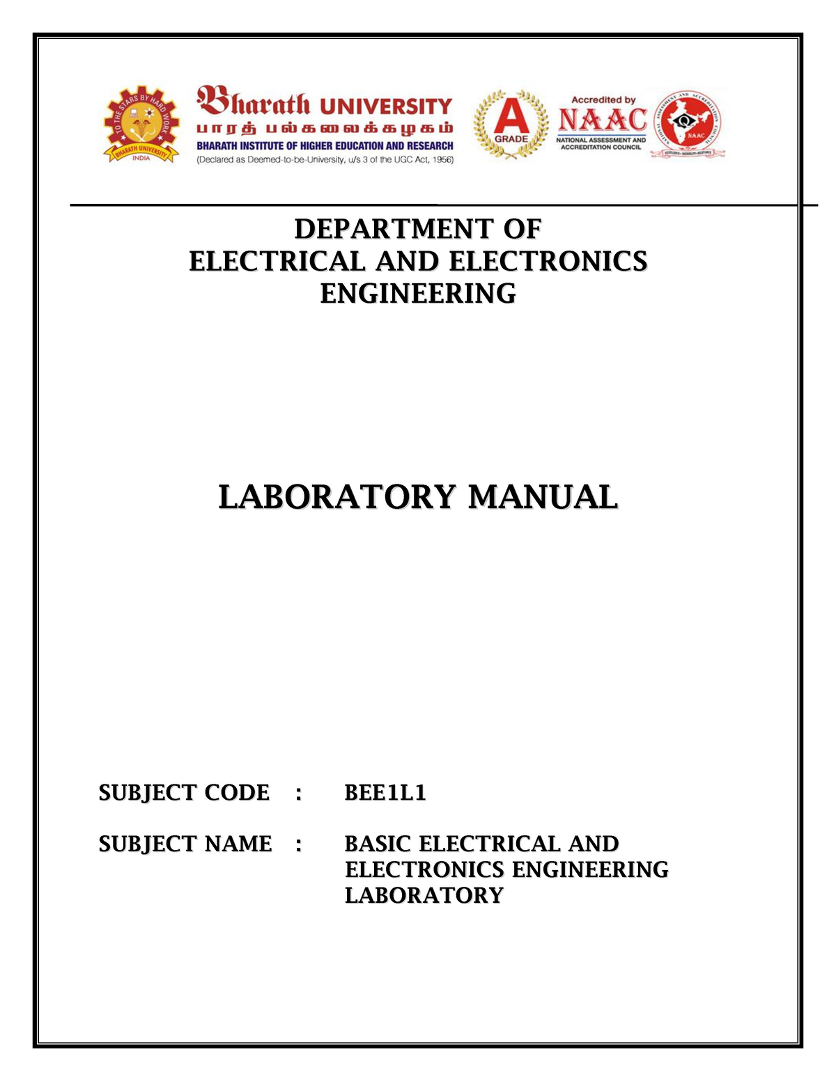 Bee 1l1 Bee Bec Lab Manual Department Of Electrical And Electronics Engineering Laboratory Manual Subject Code Bee1l1 Subject Name Basic Electrical And Studocu