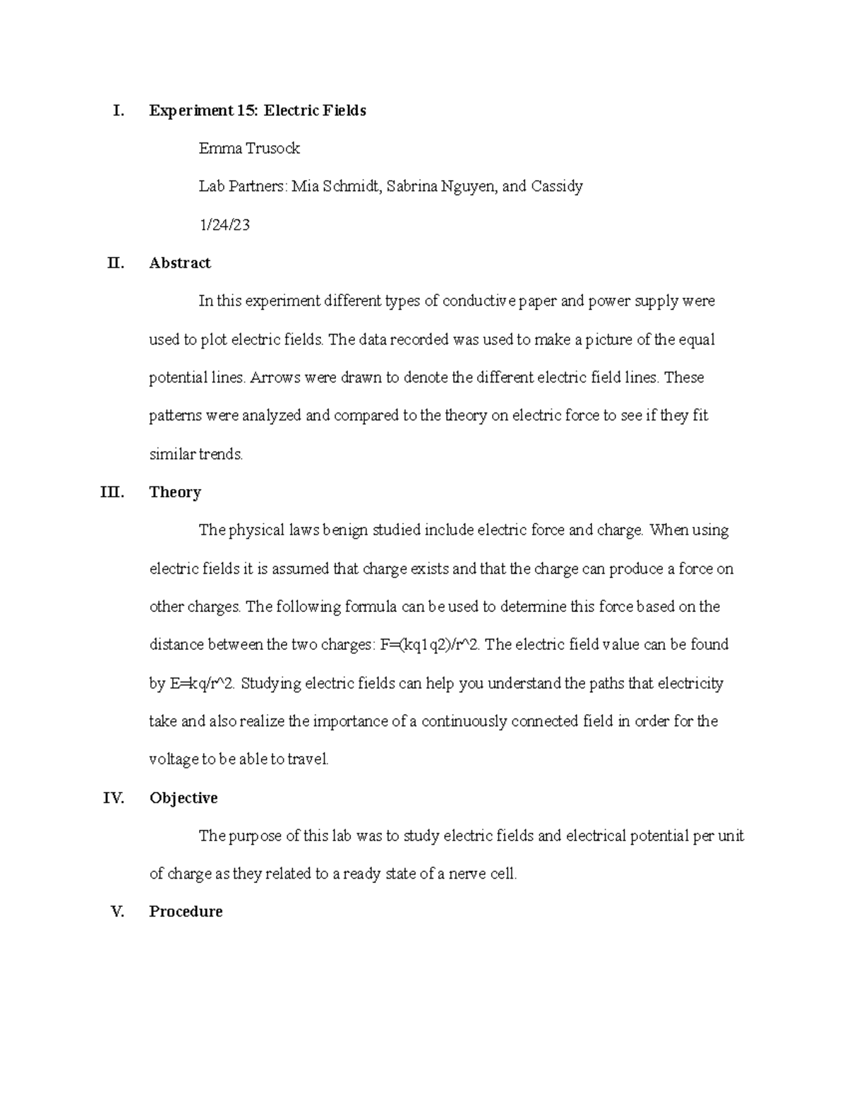 Experiment 15 Lab Report - I. Experiment 15: Electric Fields Emma ...