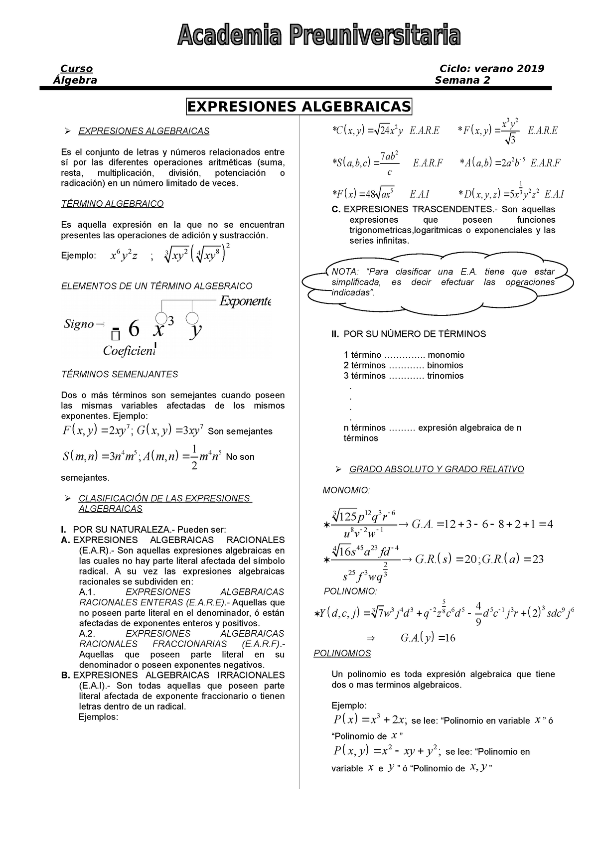 Expresione Algebraicas - Curso Ciclo: Verano 2019 Álgebra Semana 2 ...