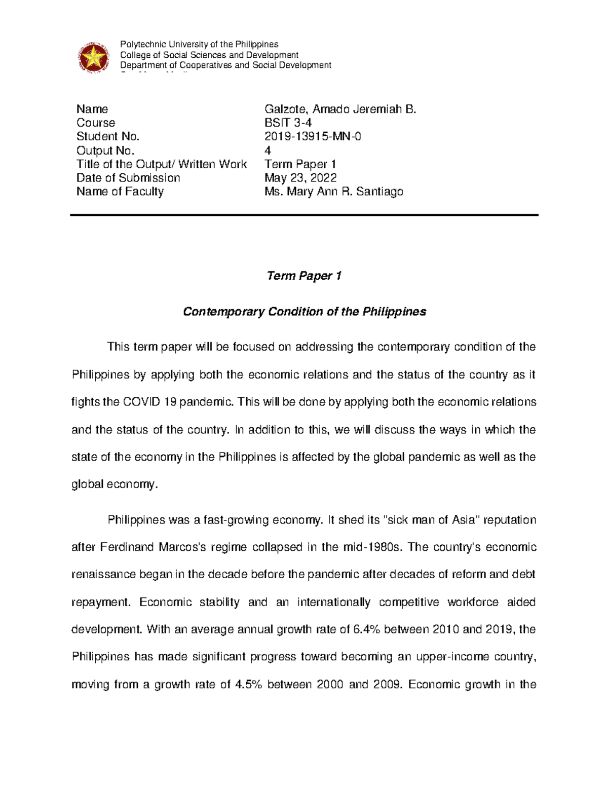 Galzote Amado Jeremiah Term Paper 1 Contemporary - Department of ...