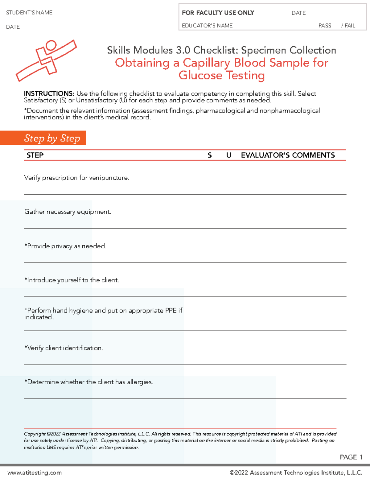Skills Checklist Specimen Glucose - atitesting ©2022 Assessment ...