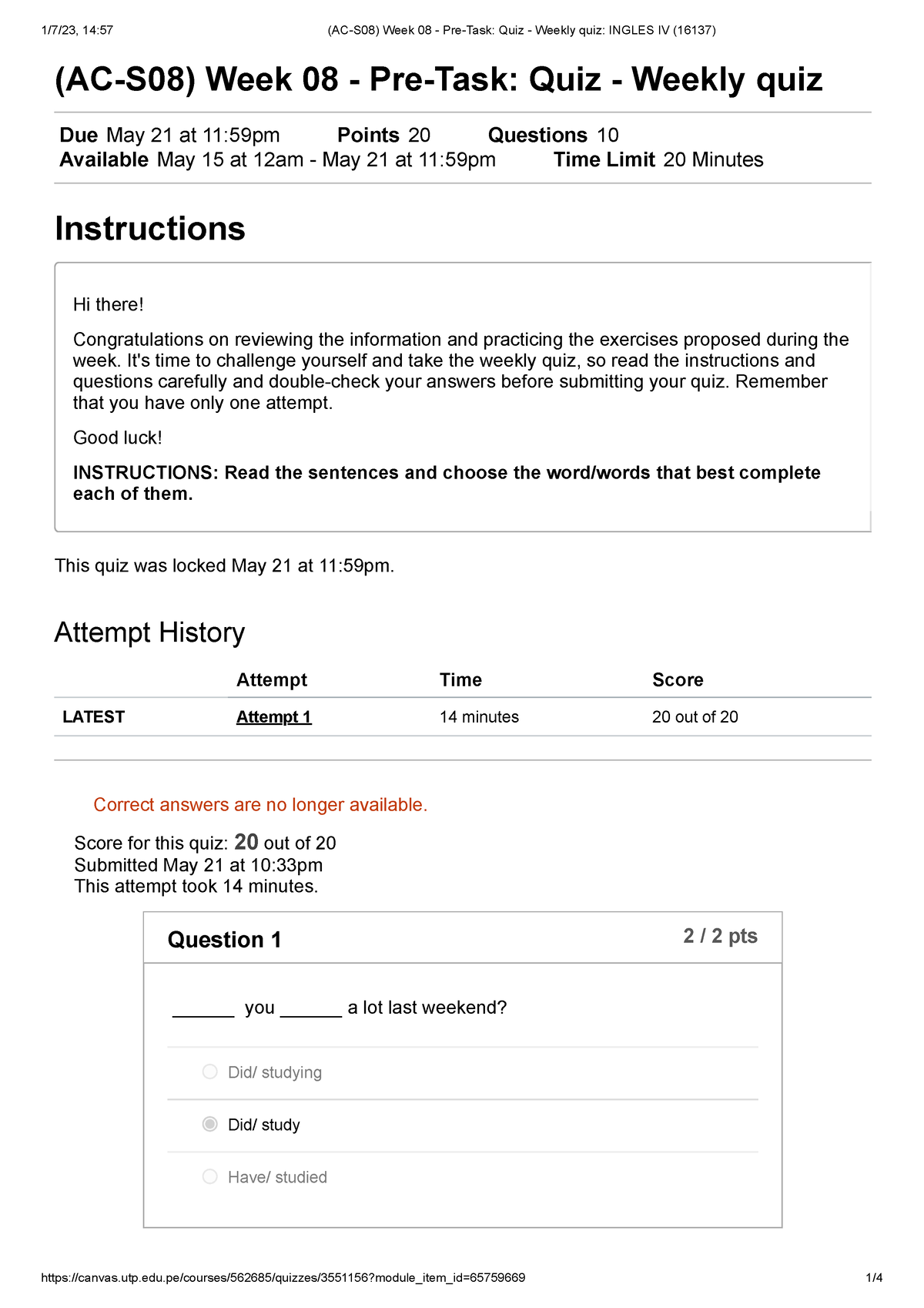 (AC-S08) Week 08 - Pre-Task Quiz - Weekly Quiz Ingles IV - (AC-S08 ...