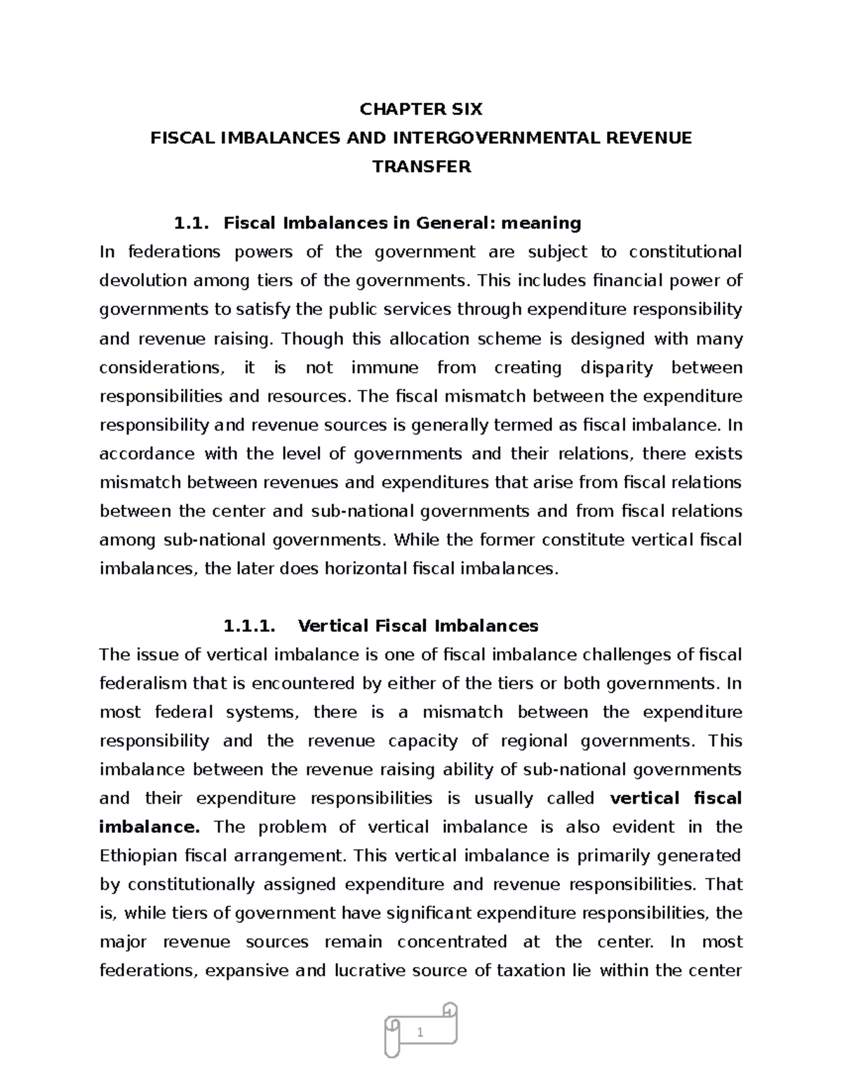 Public finance and taxation - CHAPTER SIX FISCAL IMBALANCES AND ...