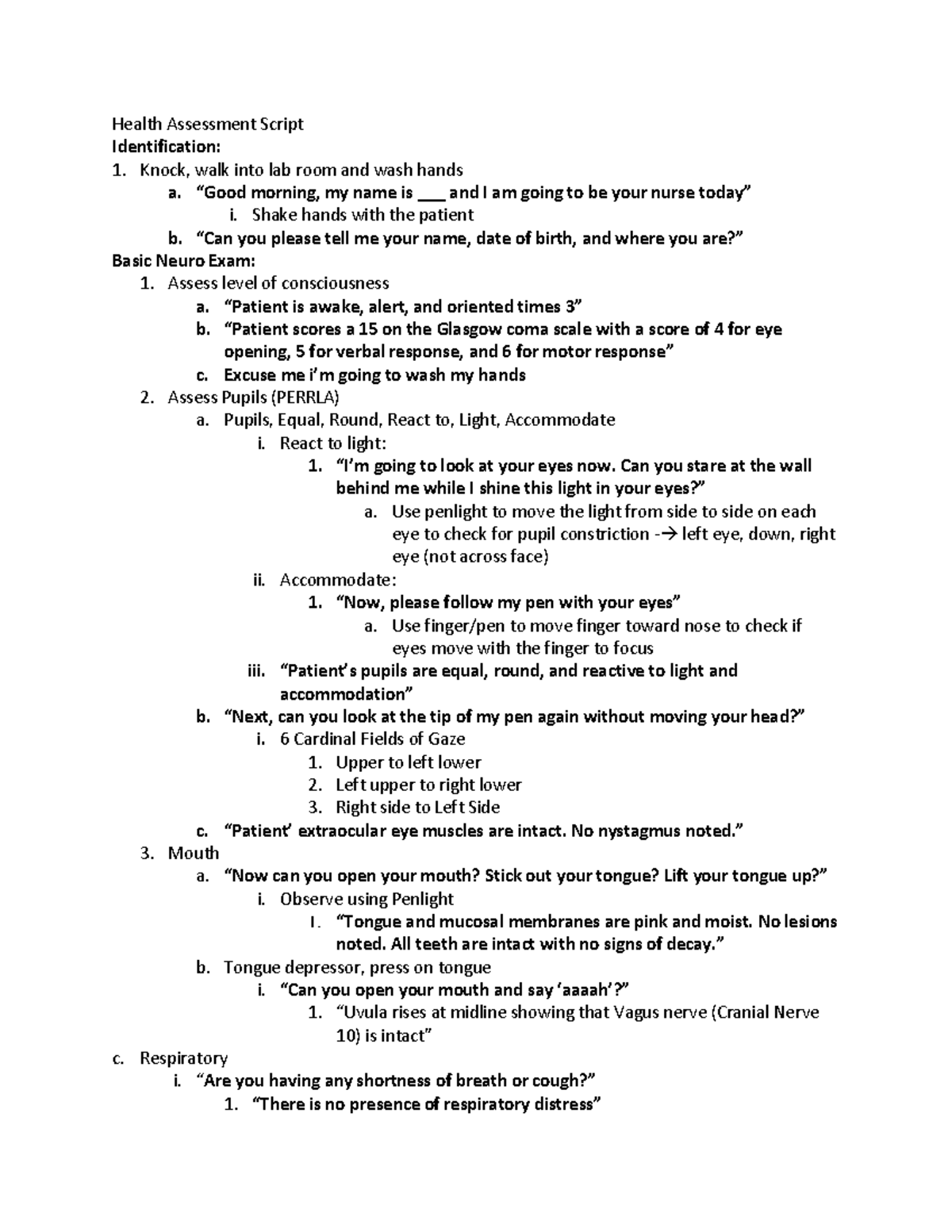 Head to Toe Assessment Script - Health Assessment Script Identification ...