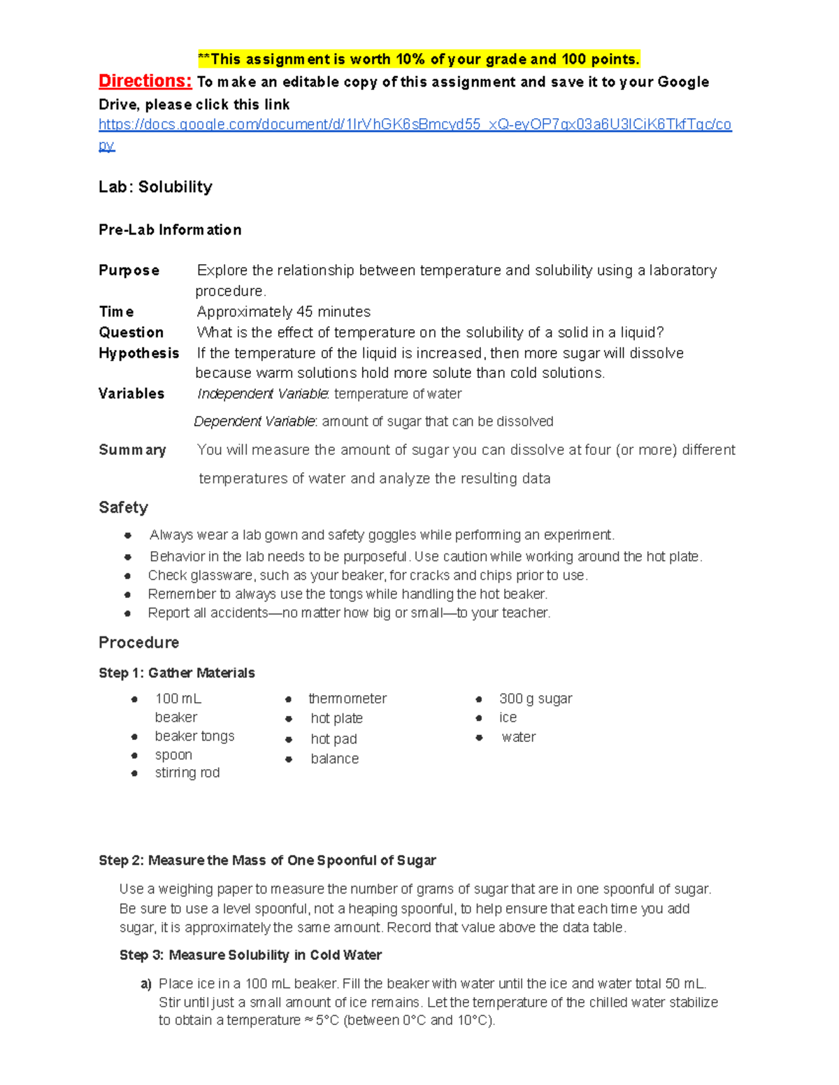 Copy of Lab Report Solubility **This assignment is worth 10 of your