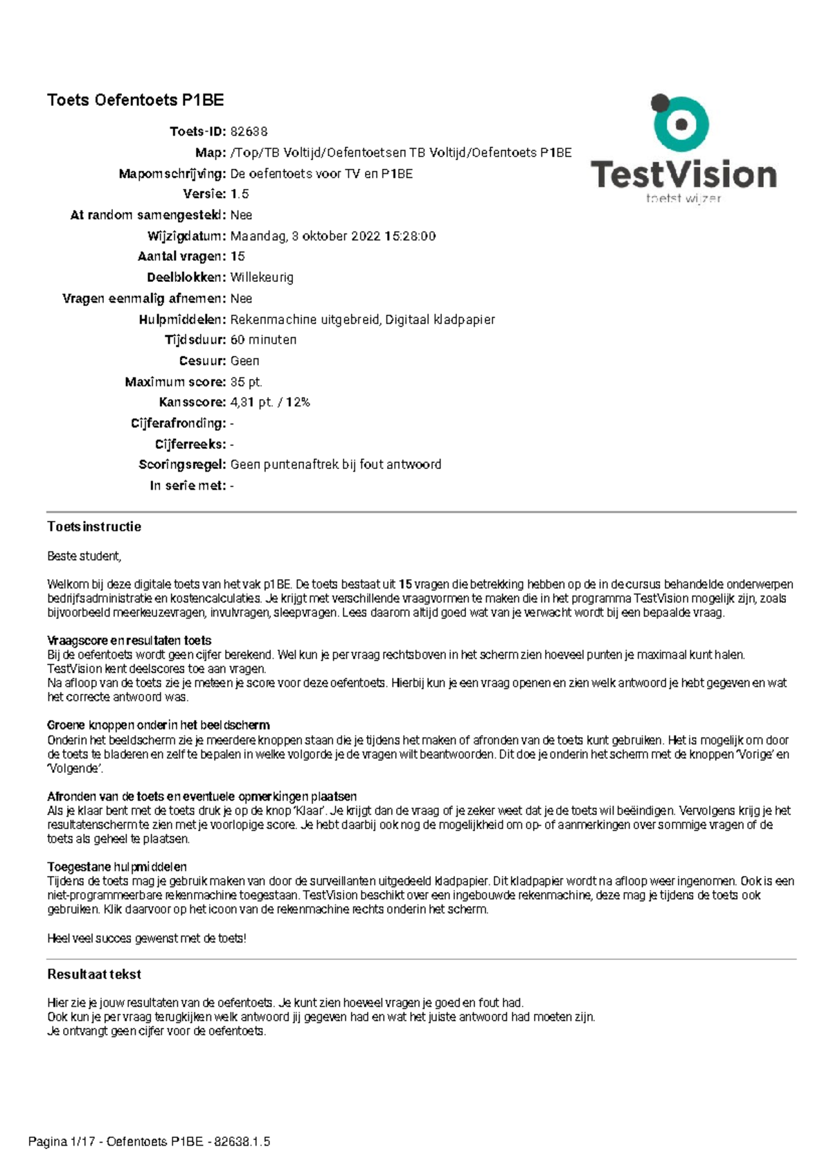Testvision oefentoets BEP1 - Toets Oefentoets P1BE Toets-ID: 82638 Map ...